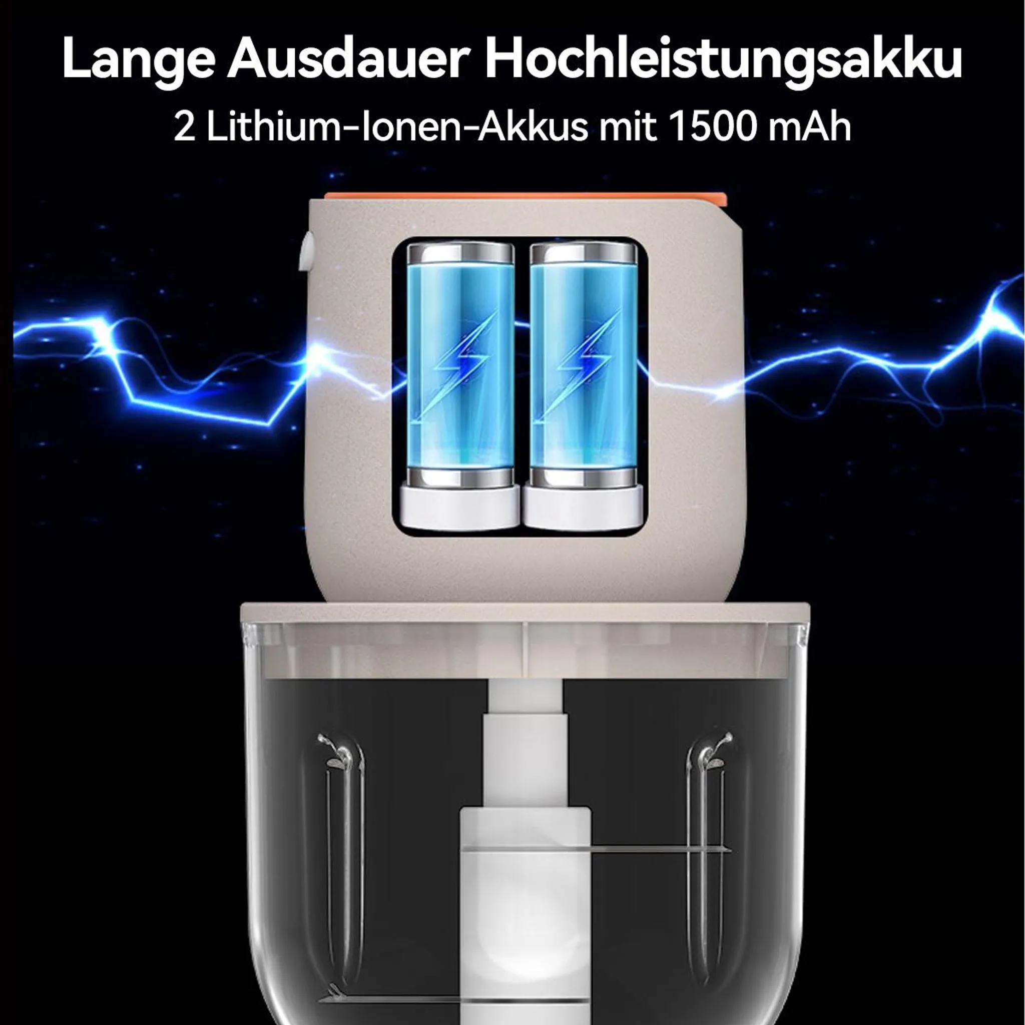 Zwei Lithium-Ionen-Akkus mit 1500 mAh in einem Gerät, mit blauen Blitzen.