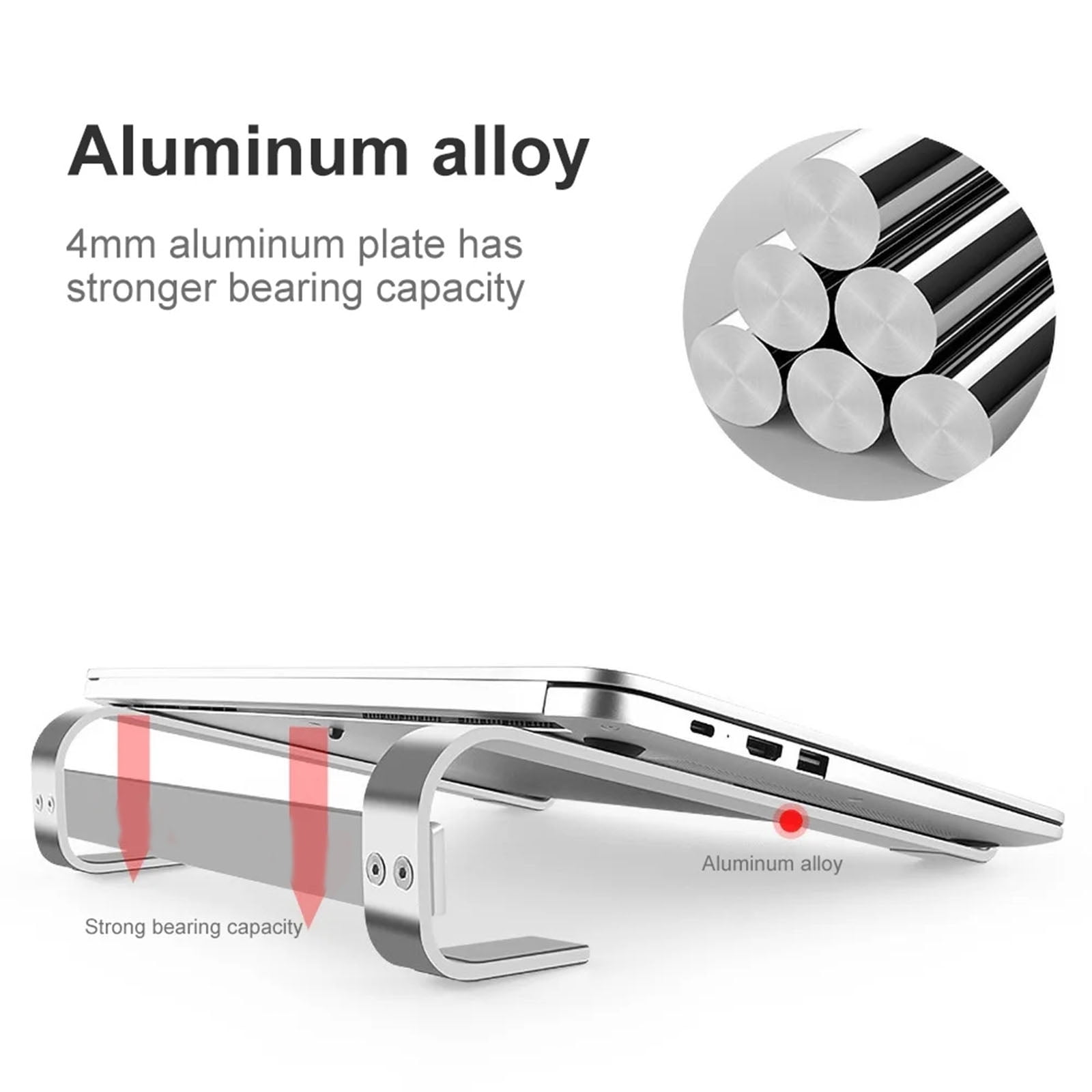 Ein Laptop ruht auf einem silbernen Aluminiumständer mit roten Pfeilen, die die Tragfähigkeit anzeigen.