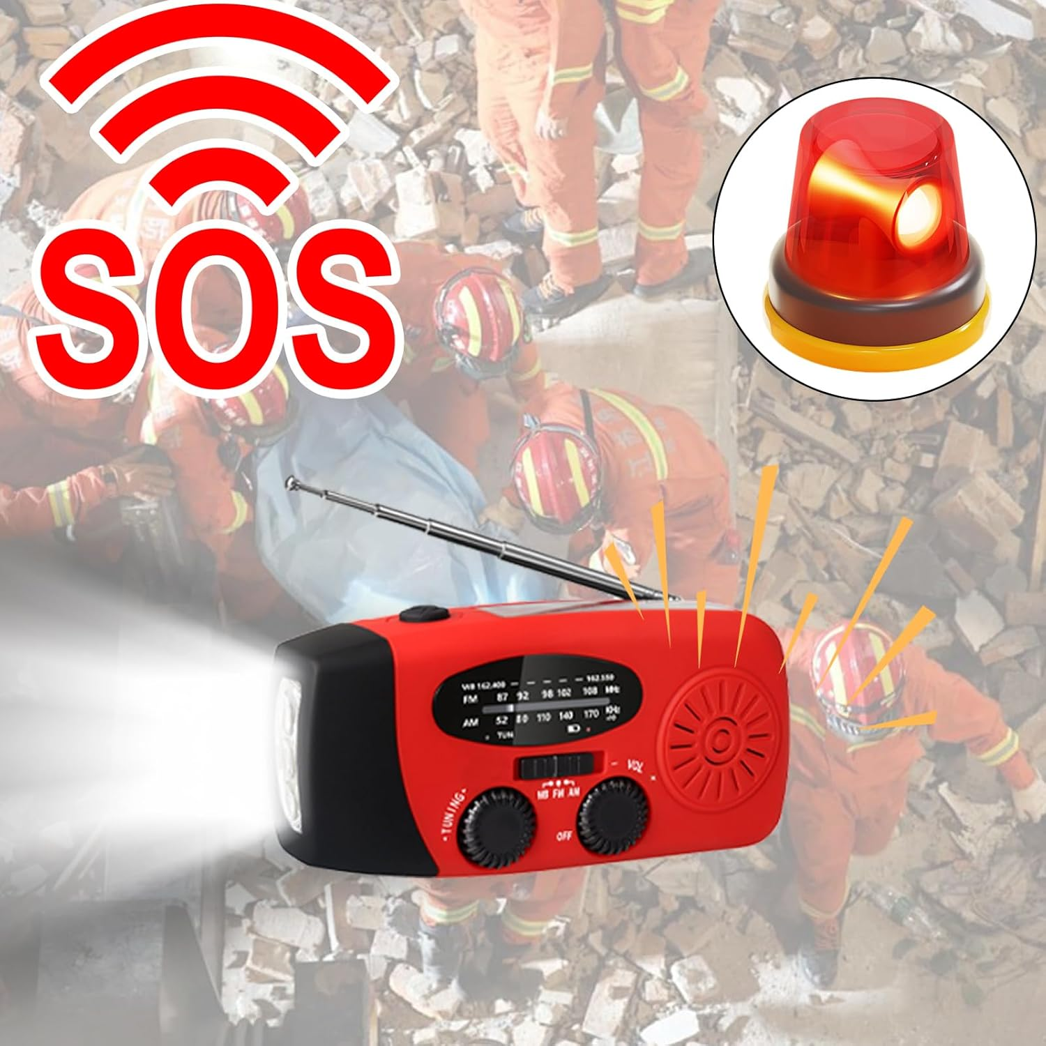 Rotes SOS-Radio mit Taschenlampe, Sirene und Rettungskräften im Hintergrund.