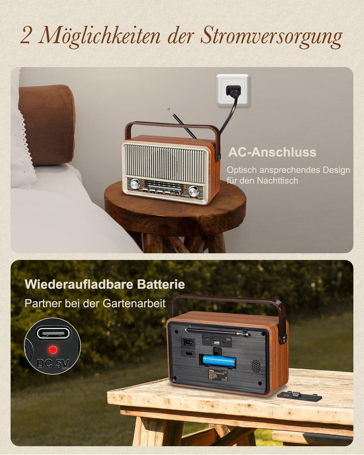 Radio mit Netzanschluss und Akku, zeigt beide Stromversorgungsoptionen.