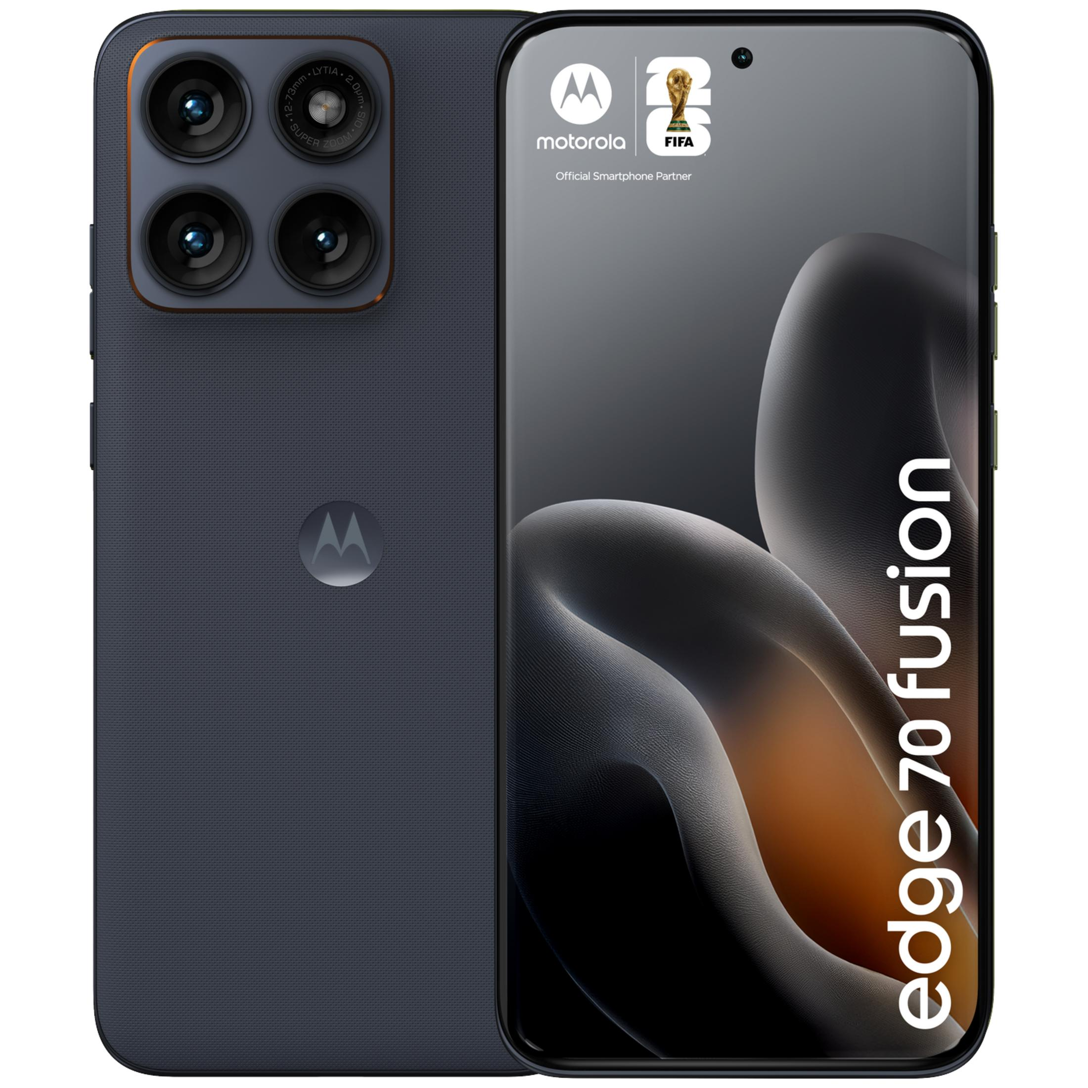 Ein dunkles Motorola Smartphone mit vier Kameras und dem Schriftzug 'edge 70 fusion'.