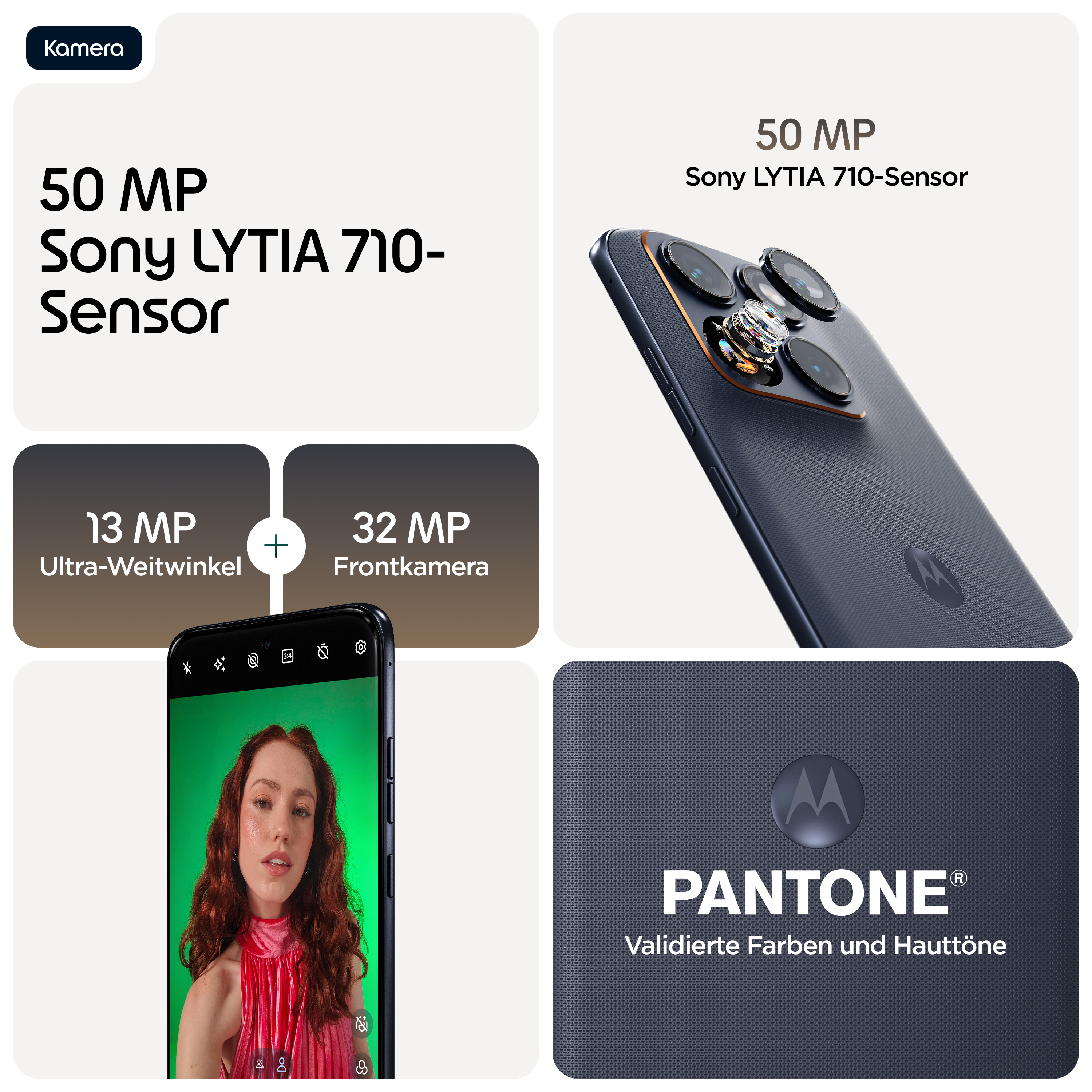 Smartphone-Kamera-Spezifikationen: 50 MP Haupt-, 13 MP Ultraweitwinkel-, 32 MP Frontkamera.
