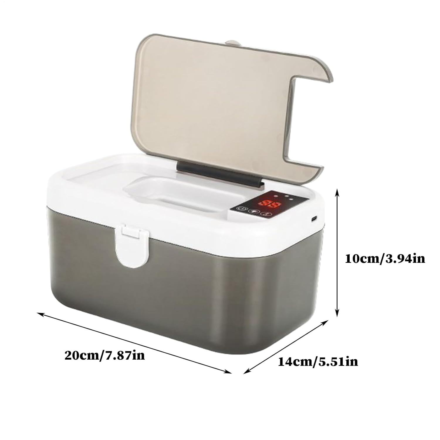 Graue und weiße Ultraschallreinigungsbox mit offenem Deckel und digitaler Anzeige.