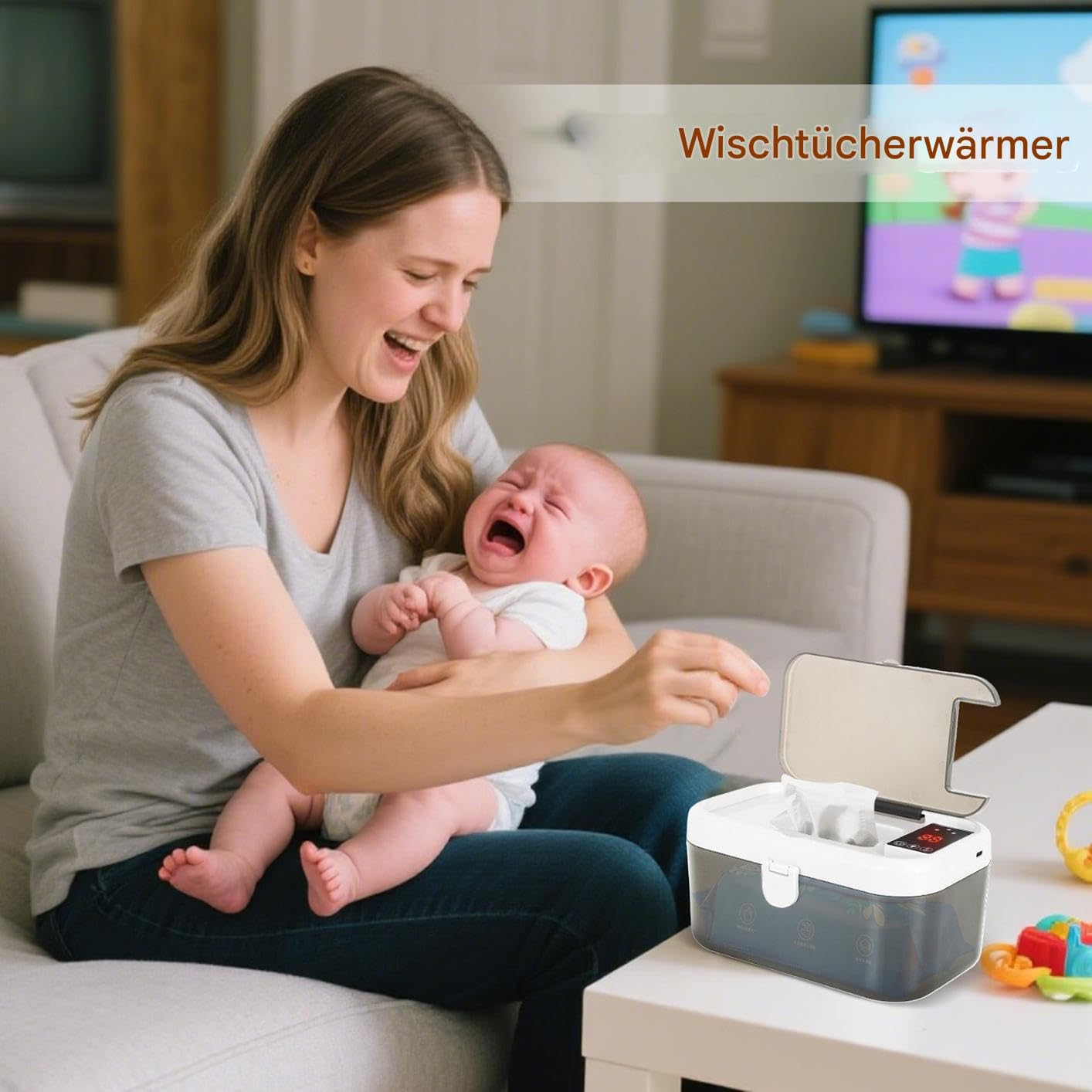 Frau hält weinendes Baby; Wischtücherwärmer im Vordergrund.