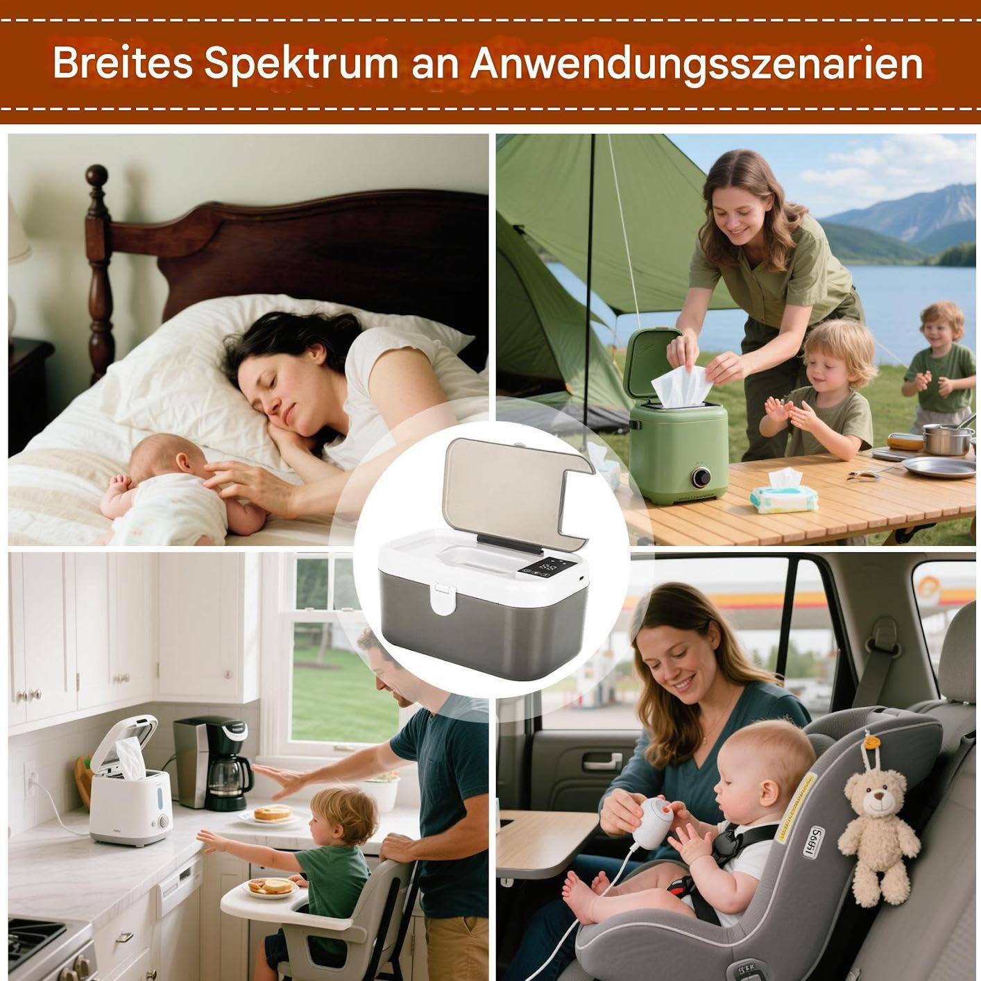 Collage zeigt vier Szenarien: Mutter und Baby im Bett, Familie beim Camping, Vater und Kind in der Küche, Mutter mit Baby im Auto.