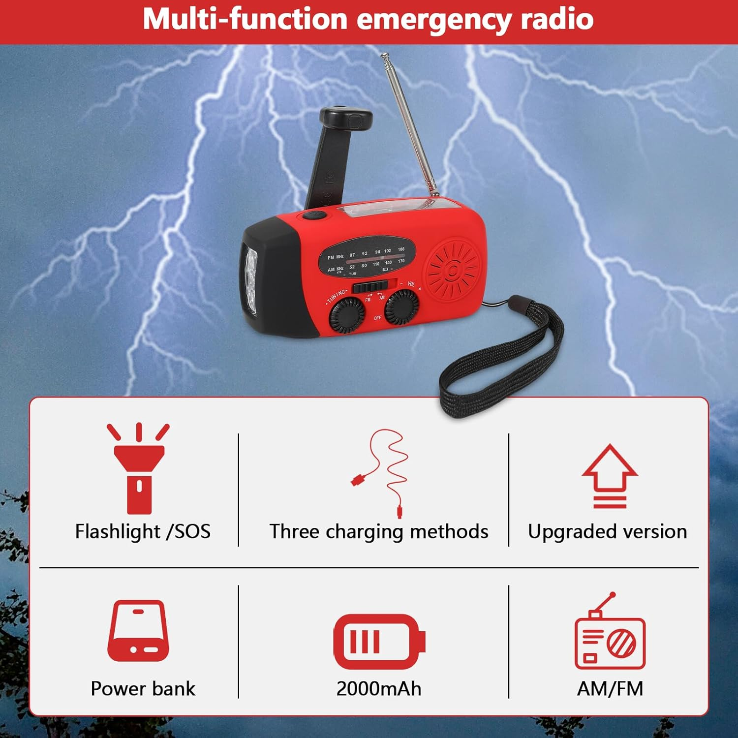 Rotes Notfallradio mit Kurbel und Antenne, Blitz-Hintergrund.
