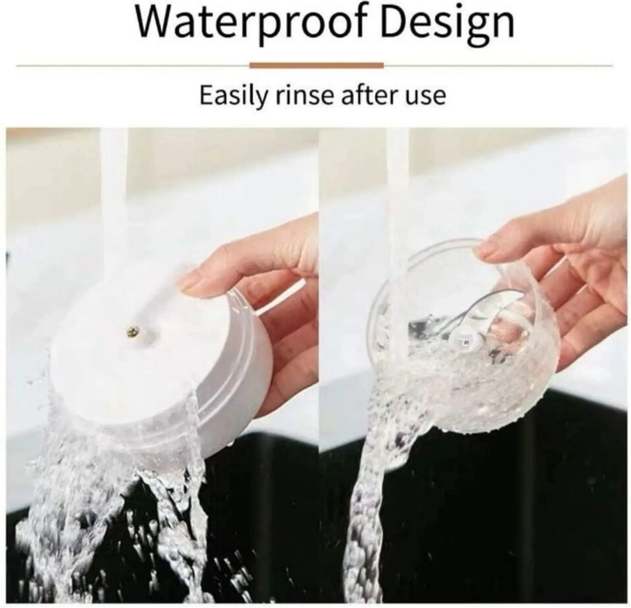 Ein weißer Mixerbehälter wird unter fließendem Wasser gespült, um seine Wasserdichtigkeit zu zeigen.