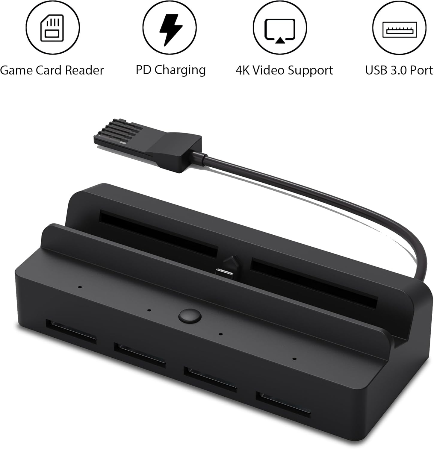 Schwarzer USB-C-Hub mit Steckplätzen für Spielkarten, USB-Anschlüsse und Aufladung.