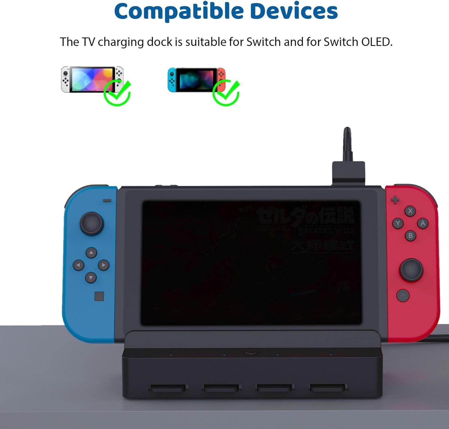 Nintendo Switch und Switch OLED auf Ladestation mit USB-Anschlüssen.