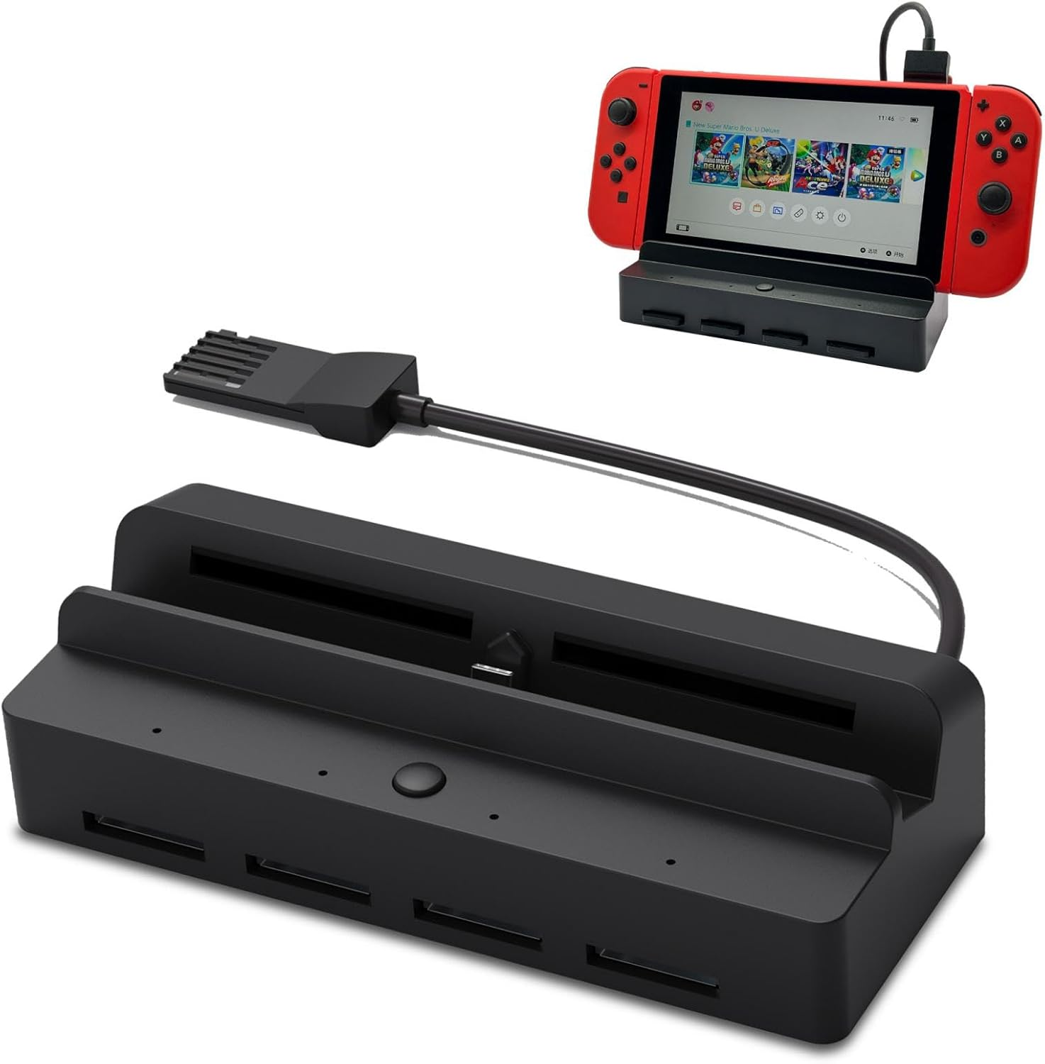 Schwarzer Nintendo Switch Dock mit USB-Anschlüssen und einer angedockten roten Switch-Konsole.