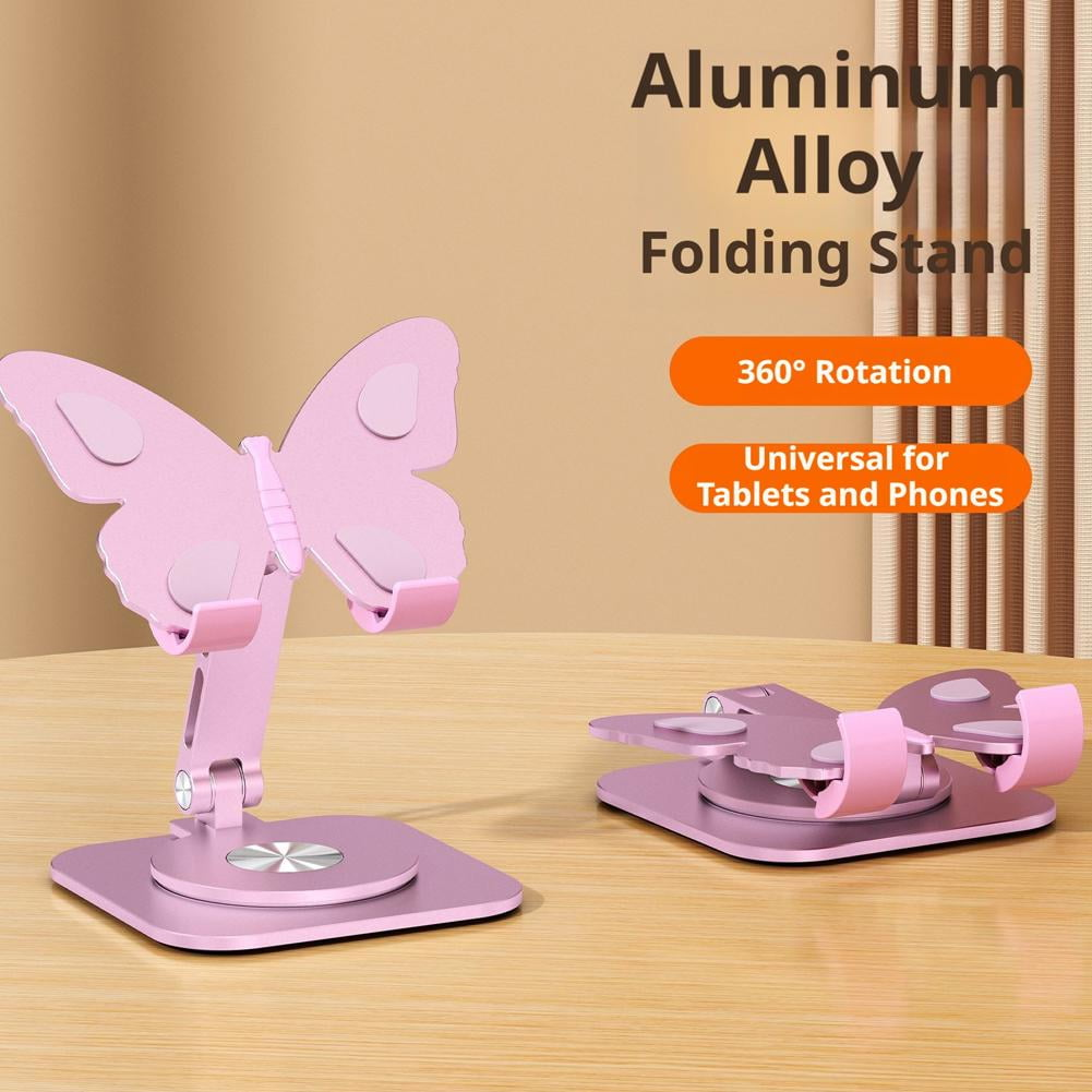 Rosa Aluminiumlegierung Schmetterling faltbare Ständer für Telefone und Tablets. Einer offen, einer gefaltet.