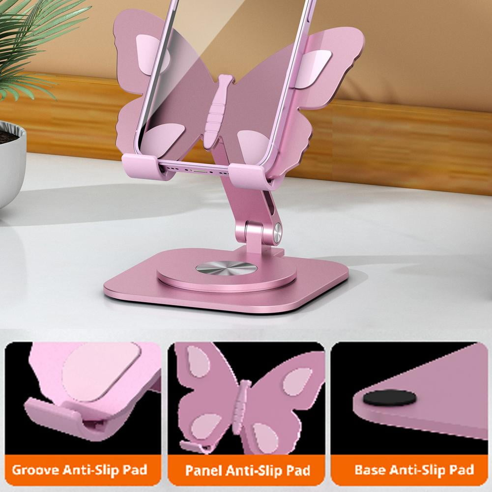 Ein rosafarbener Schmetterlings-Handyhalter mit Anti-Rutsch-Pads.