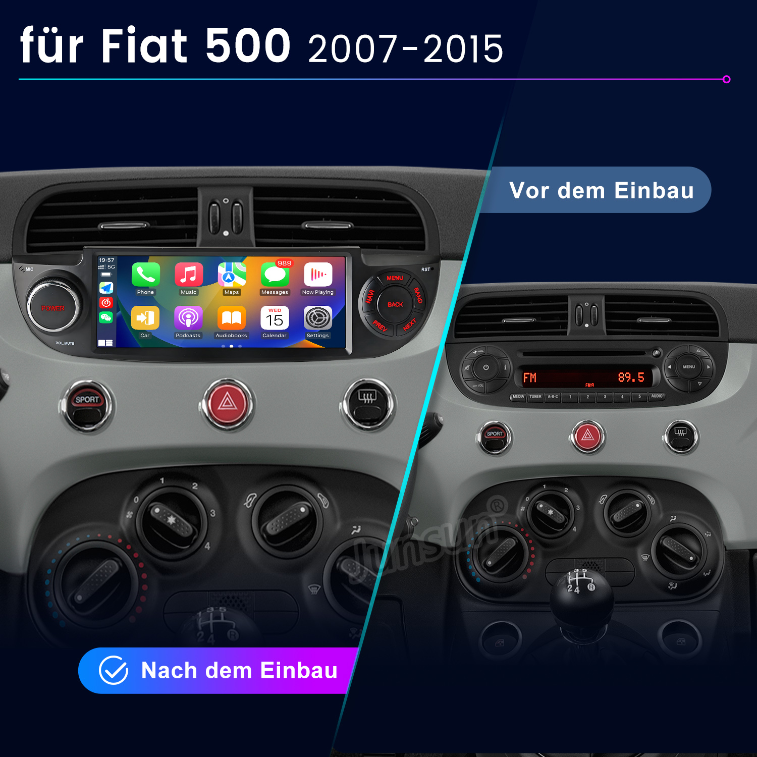 Vergleich eines Fiat 500 Armaturenbretts vor und nach dem Einbau eines neuen Infotainmentsystems.