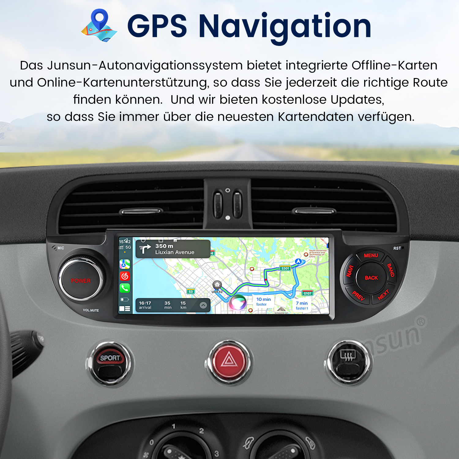 Armaturenbrett mit GPS-Navigation auf dem Touchscreen, mit Tasten und Lüftungsschlitzen.
