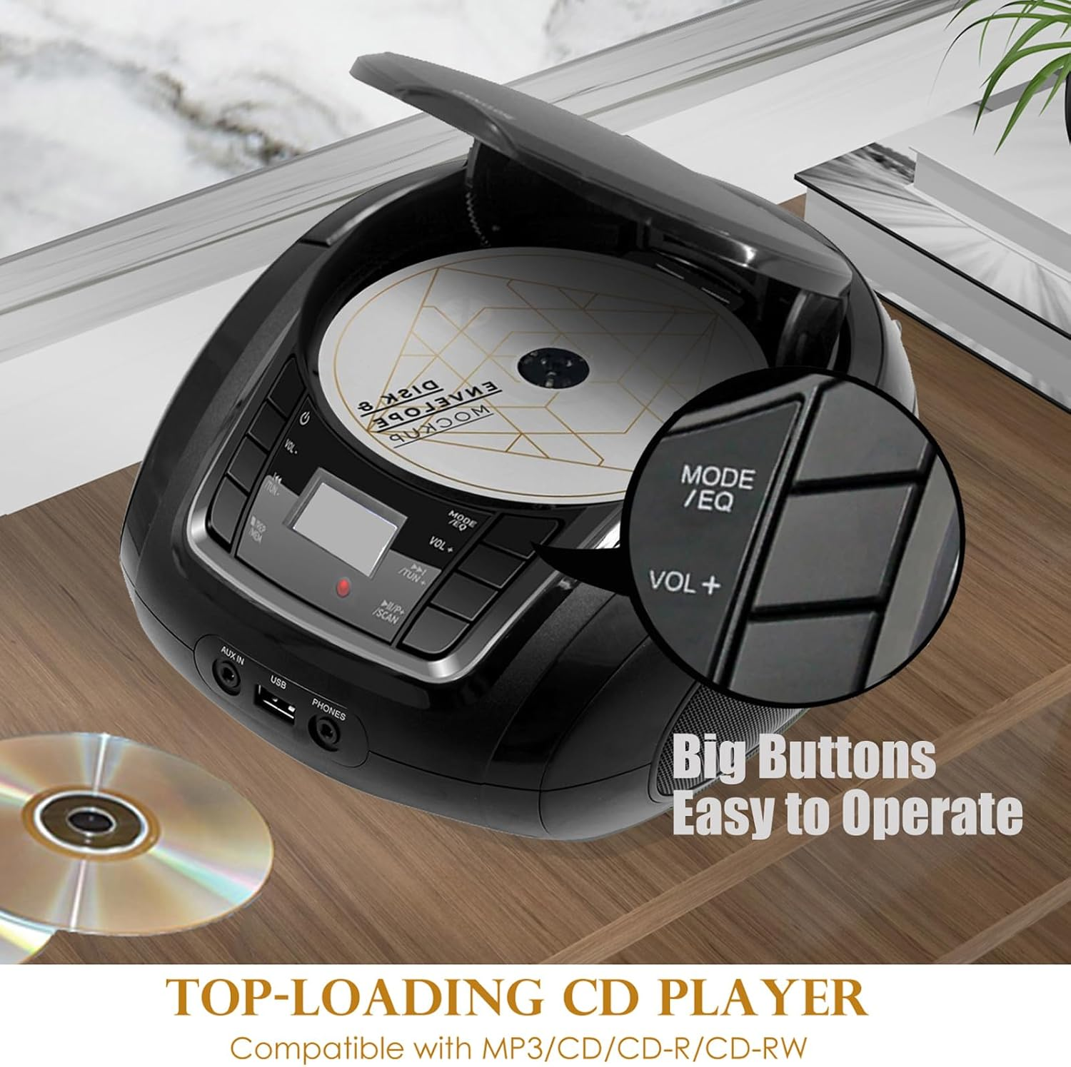 Schwarzer CD-Player mit Klappdeckel, CD eingelegt, mit Tasten und Anschlüssen.