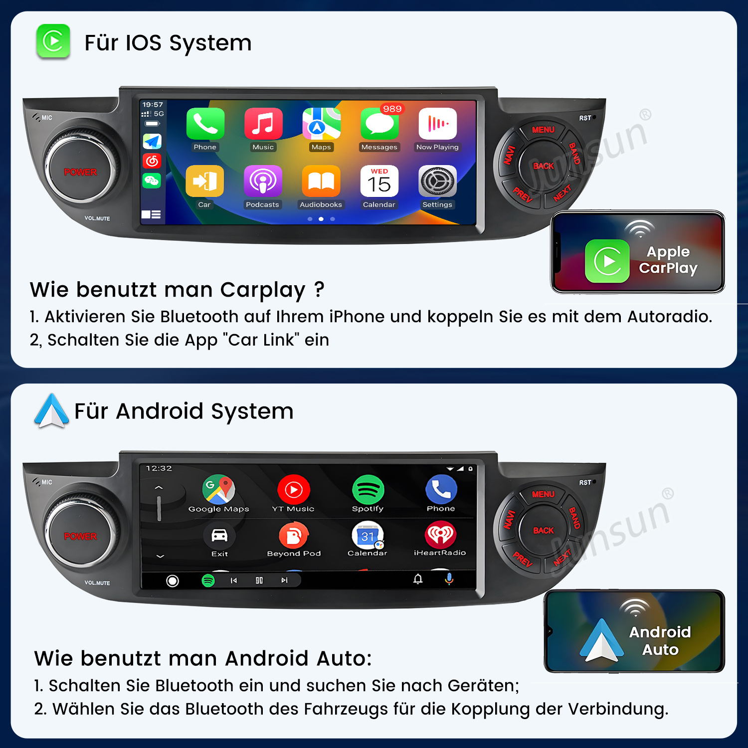 Autobildschirm zeigt iOS-System mit Apps und Android-System mit Apps.
