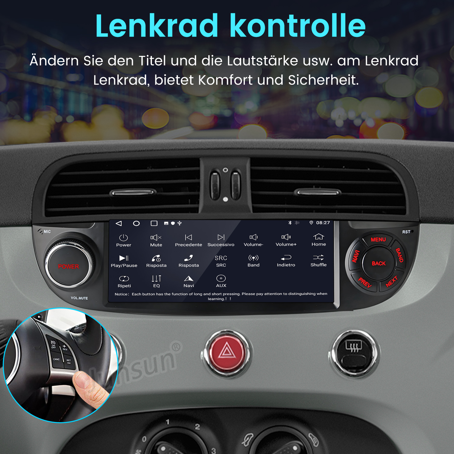 Armaturenbrett eines Autos mit großem Touchscreen-Display und Lenkradbedienung.