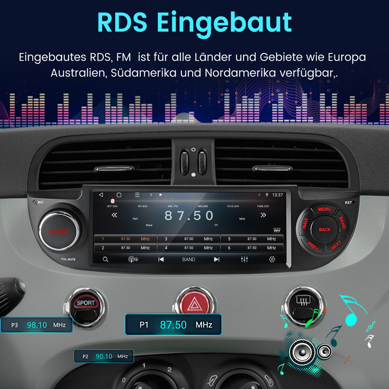 Einbau-RDS-Radio in einem Auto mit Equalizer-Anzeige und Bedienelementen.