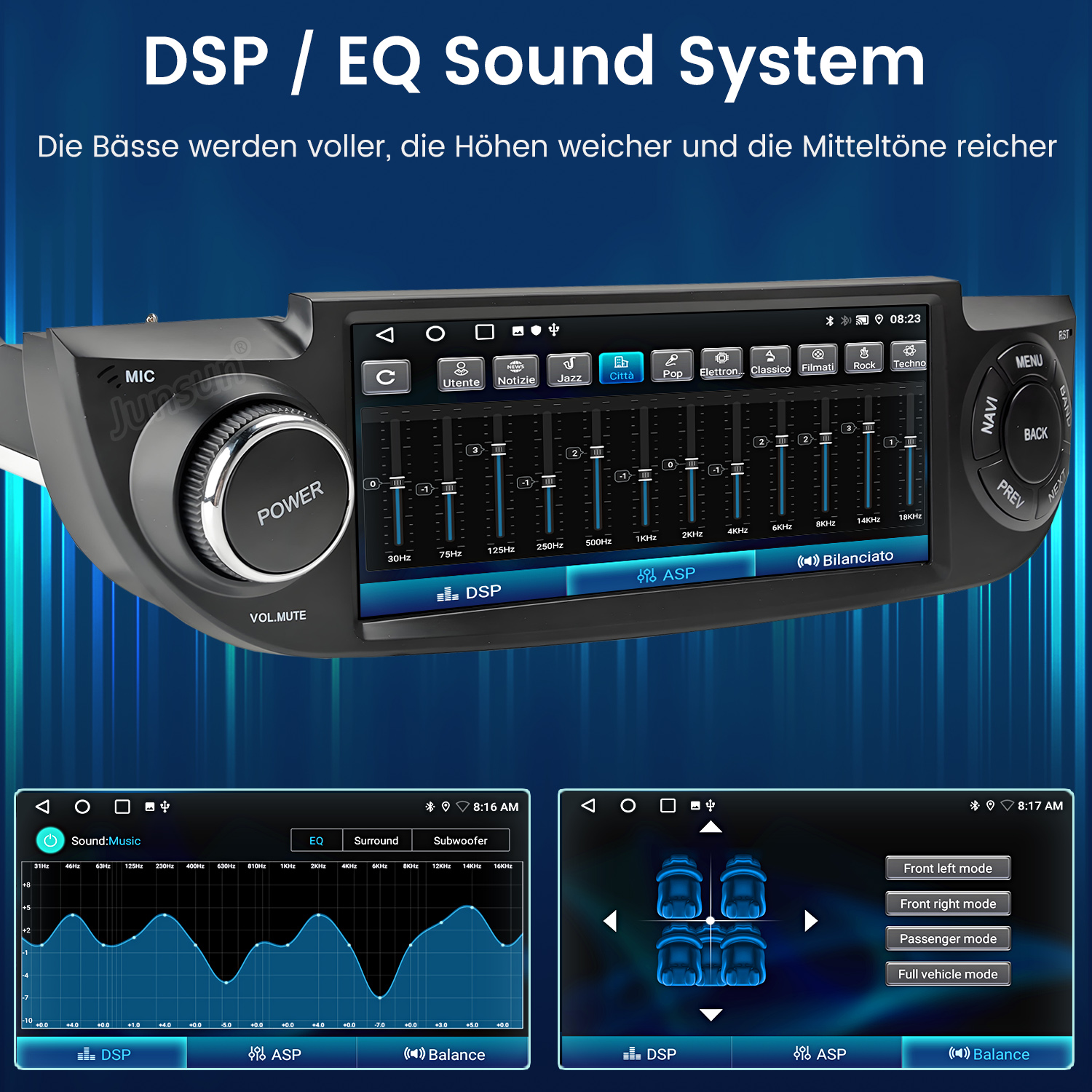 Ein Auto-Infotainmentsystem mit EQ- und DSP-Einstellungen, Lautstärkeregler und Menüoptionen.