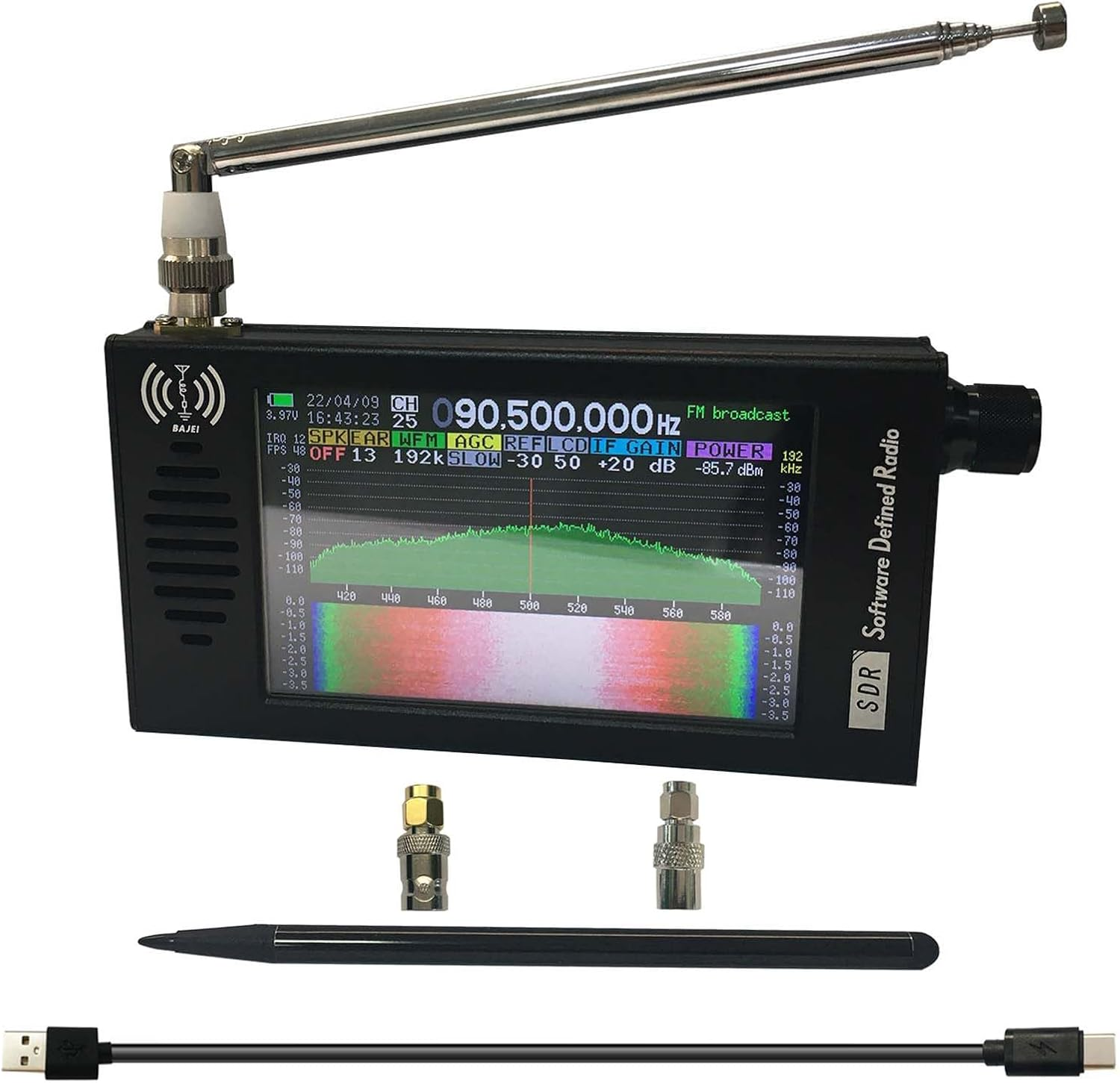 Ein tragbares SDR-Radio mit ausziehbarer Antenne, LCD-Display und Zubehör.