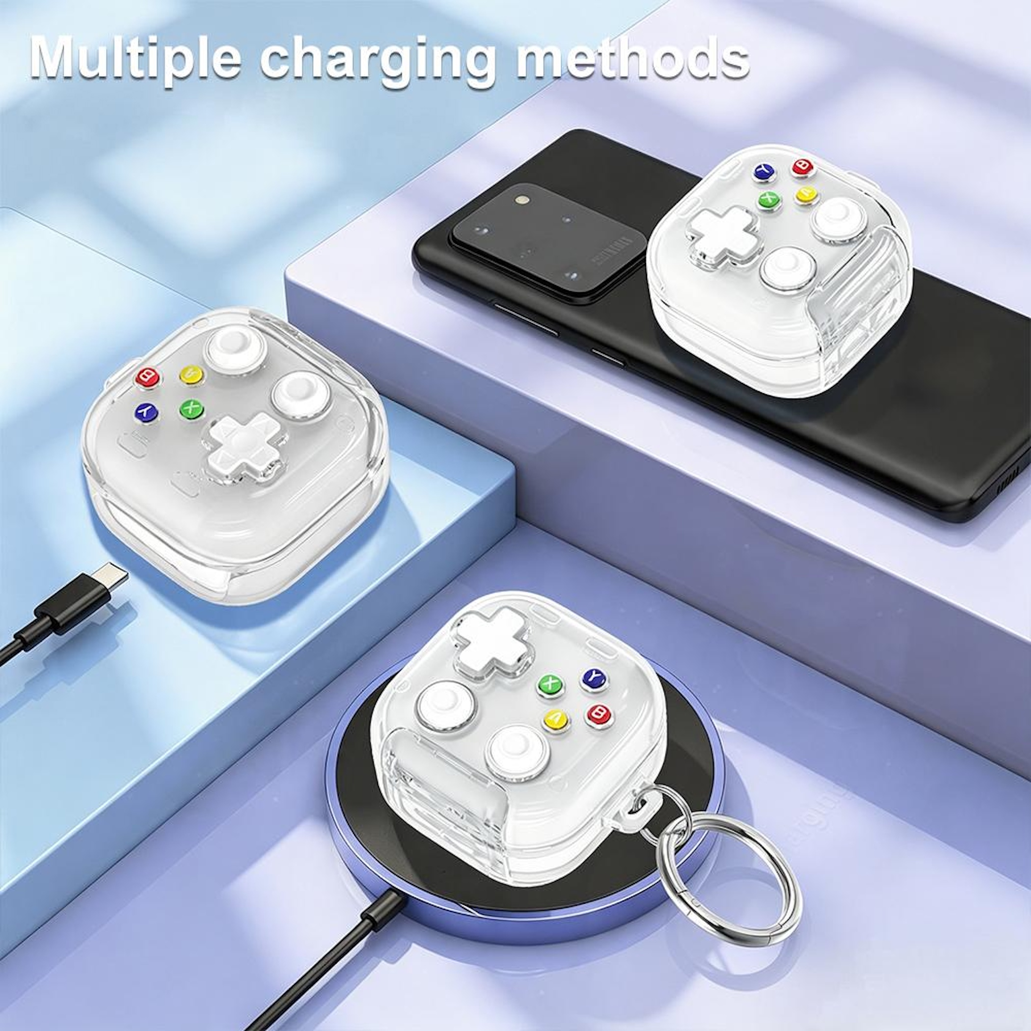 Drei transparente Gamecontroller werden auf verschiedenen Oberflächen geladen.