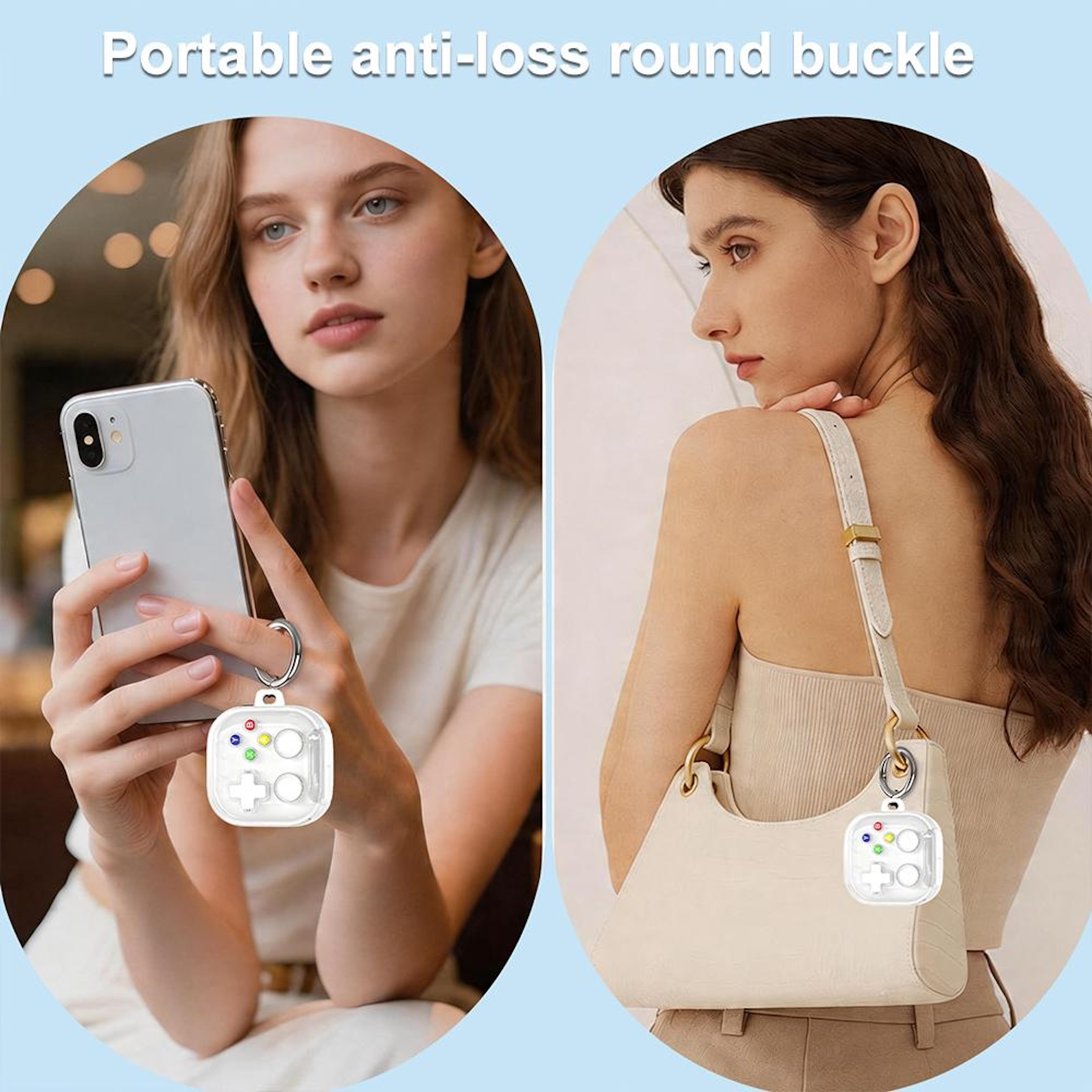 Zwei Frauen mit einem durchsichtigen Etui mit Controller-Design, das an einer Handytasche und einem Smartphone befestigt ist.