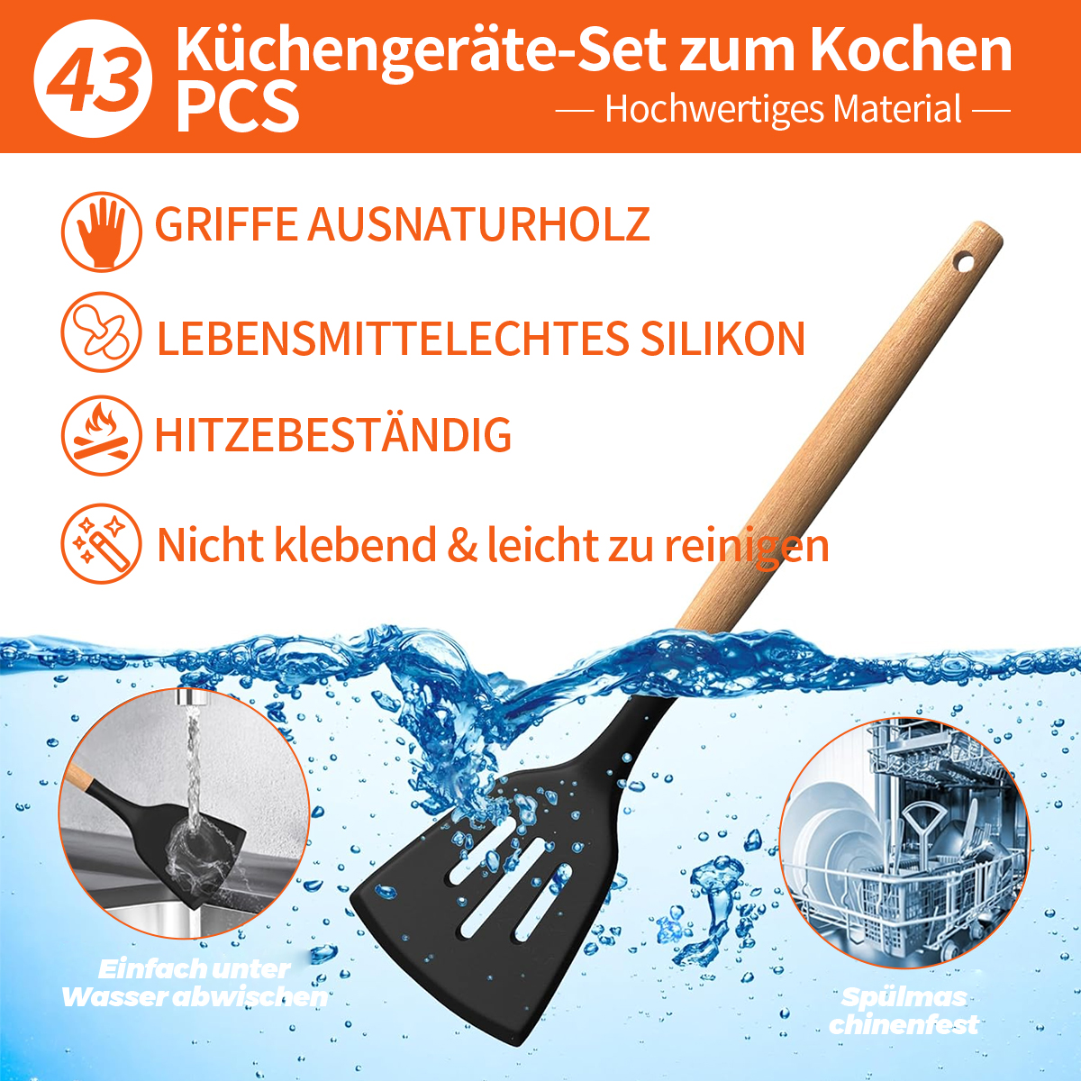 Küchengeräte-Set: Holzgriffe, Silikon, hitzebeständig, spülmaschinenfest.