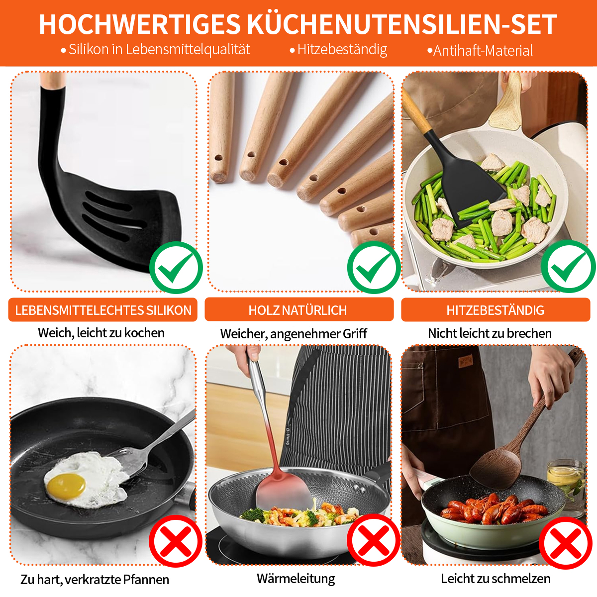 Collage von Küchenutensilien: Silikonspatel, Holzgriffe und Kochen.