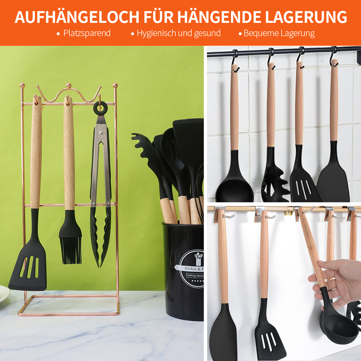 Küchenutensilien mit Holzgriffen hängen an Haken und stehen in einem Behälter.