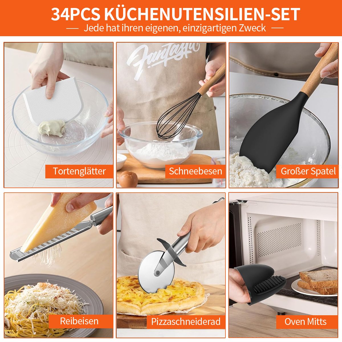 Sechs Küchenutensilien: Tortenglätter, Schneebesen, Spatel, Reibeisen, Pizzaschneider, Ofenhandschuhe.