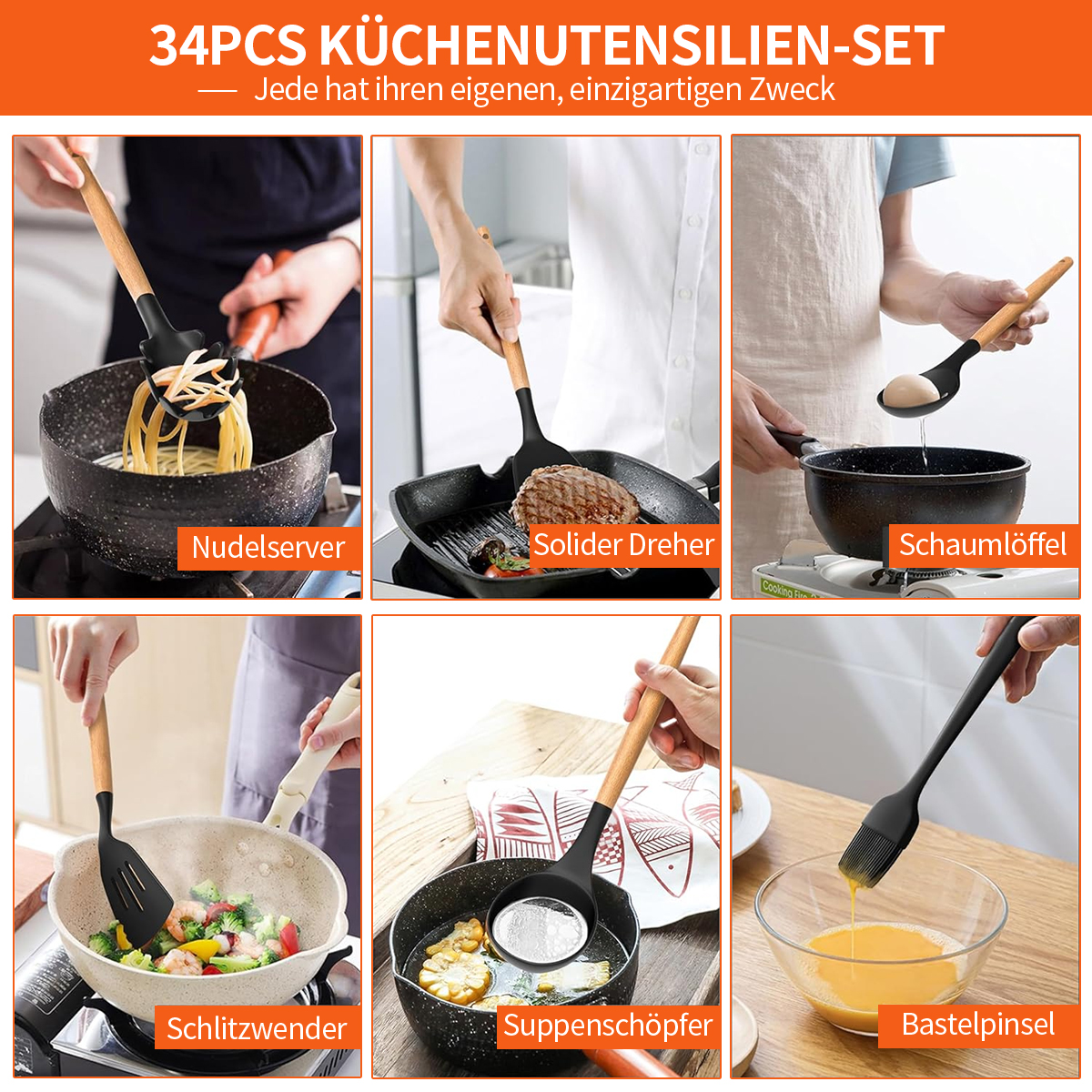 Sechs Küchenutensilien im Einsatz: Nudelserver, Dreher, Schaumlöffel, Schlitzwender, Suppenschöpfer, Pinsel.