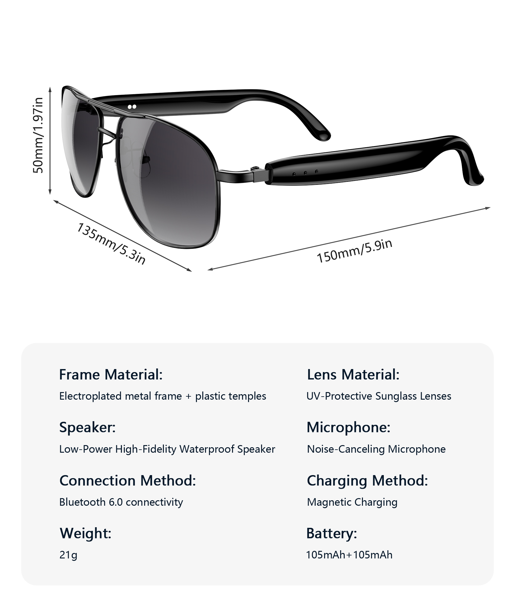Schwarze Sonnenbrille mit integrierten Kopfhörern, Maße angegeben.