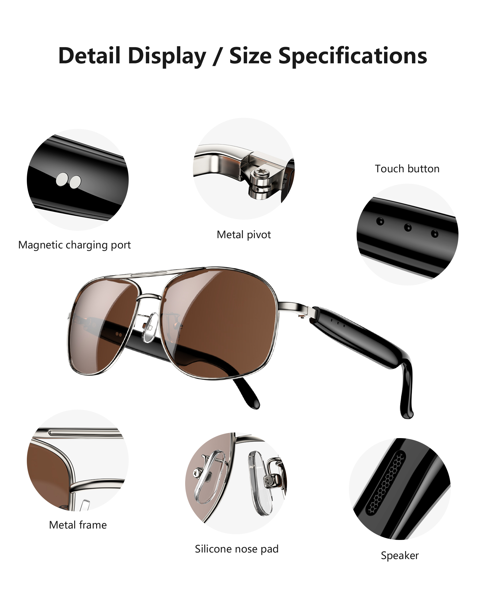 Sonnenbrille mit braunen Gläsern, Metallrahmen, Ladeanschluss, Scharnier, Nasenpads und Lautsprecher.