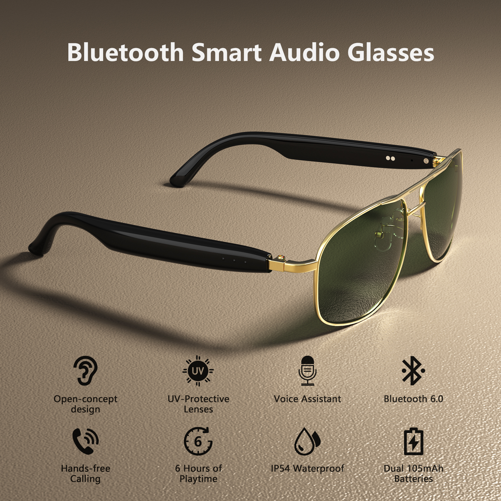Schwarze und goldene Bluetooth-Smart-Audio-Brille mit grünen Gläsern auf texturierter Oberfläche.