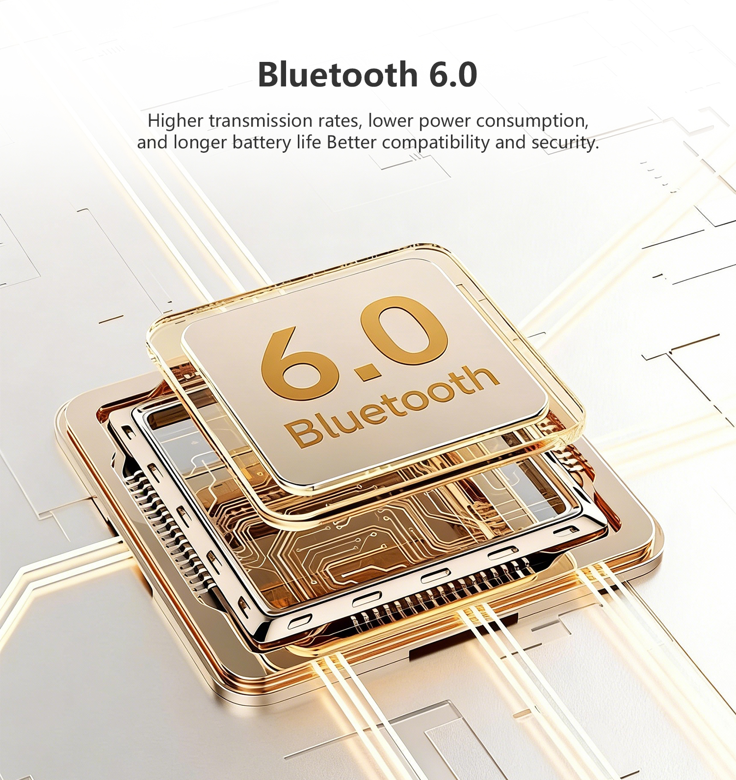 Goldene Bluetooth 6.0-Chips mit Leiterplattendetails auf modernem Hintergrund.