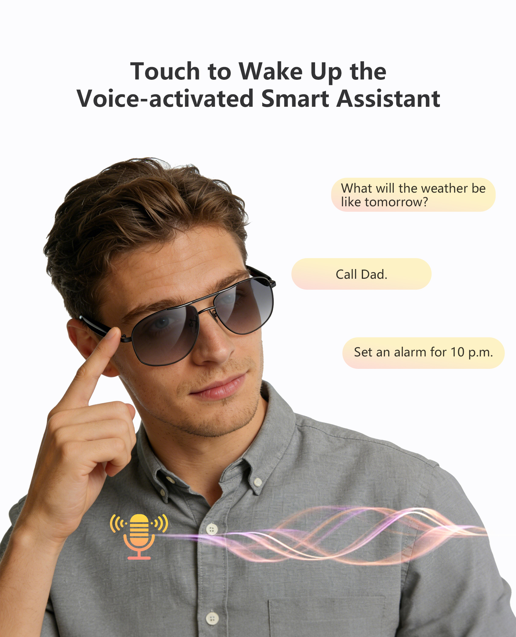 Mann mit Sonnenbrille tippt sich ans Ohr, Sprachassistent-Symbol.