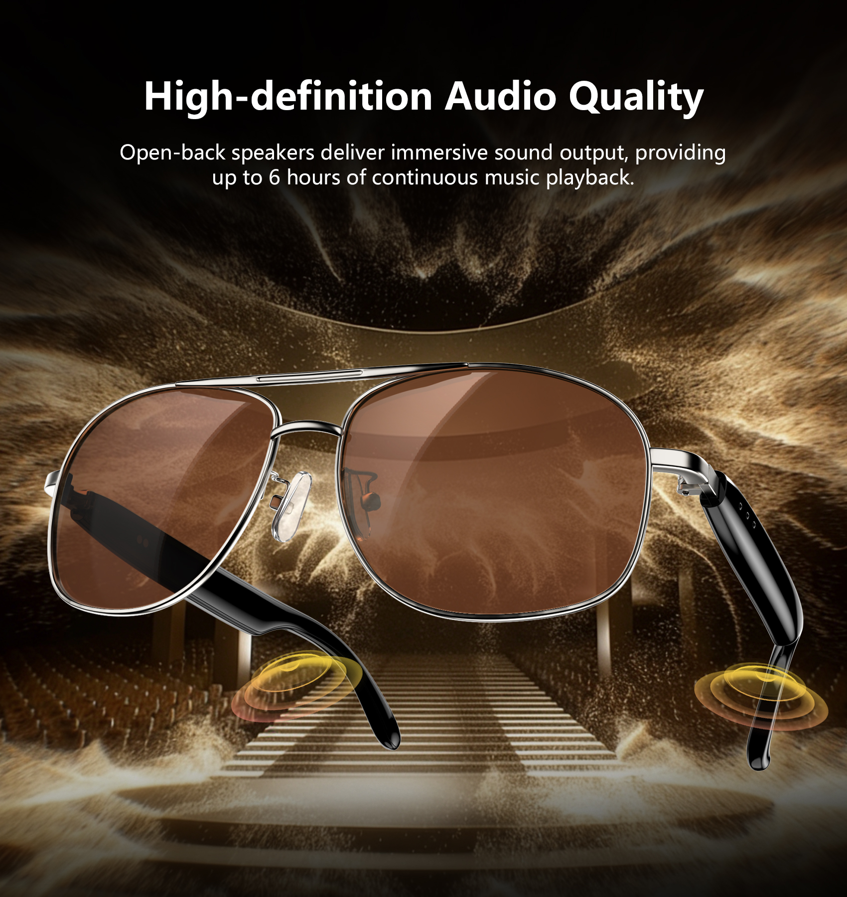 Braune Aviator-Sonnenbrille mit schwarzen Bügeln und Glanz. Abstrakter Hintergrund.