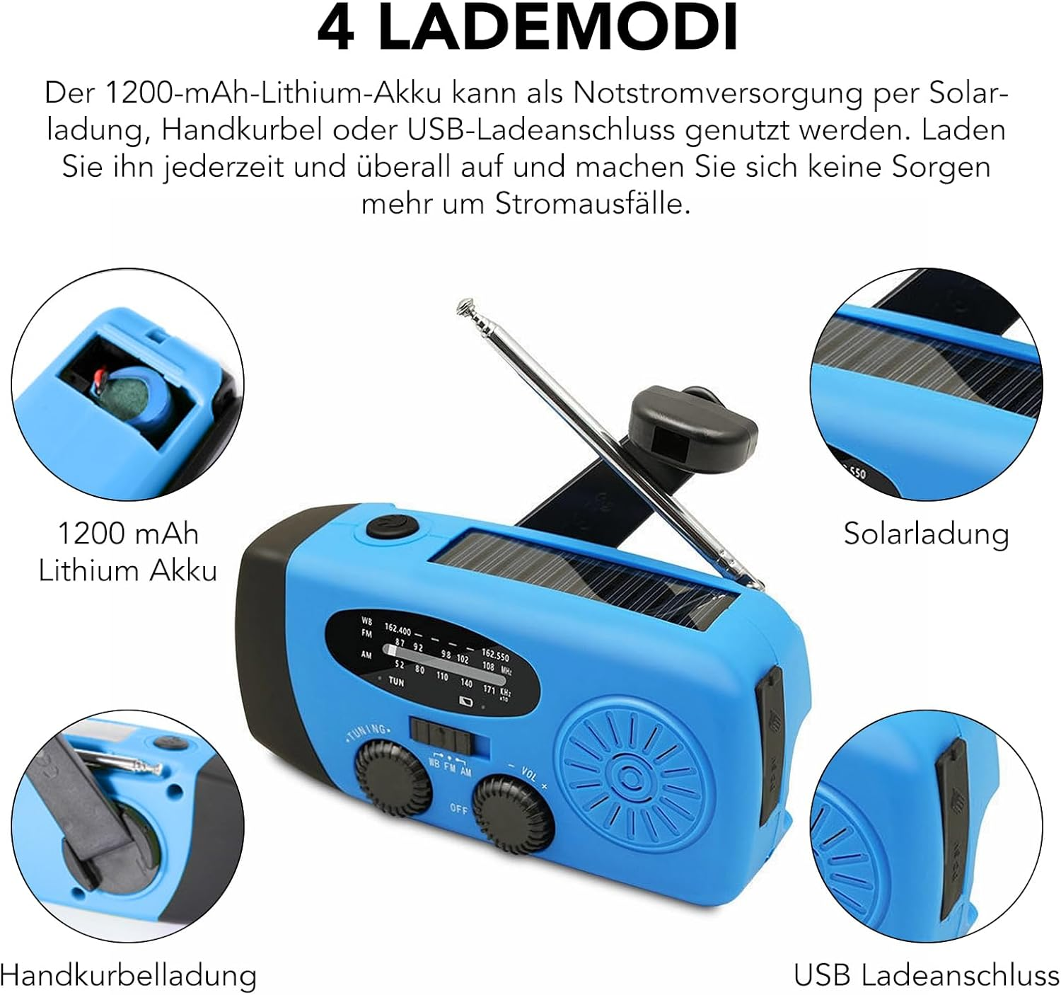 Blaues Notradio mit Solarpanel, Handkurbel und USB-Anschluss.