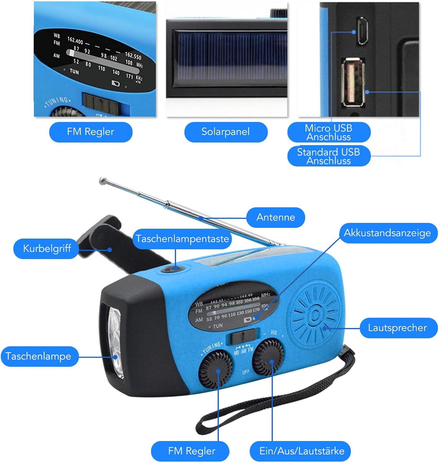 Ein blaues Notfallradio mit Kurbel, Solarpanel, Taschenlampe, Antenne und USB-Anschlüssen.