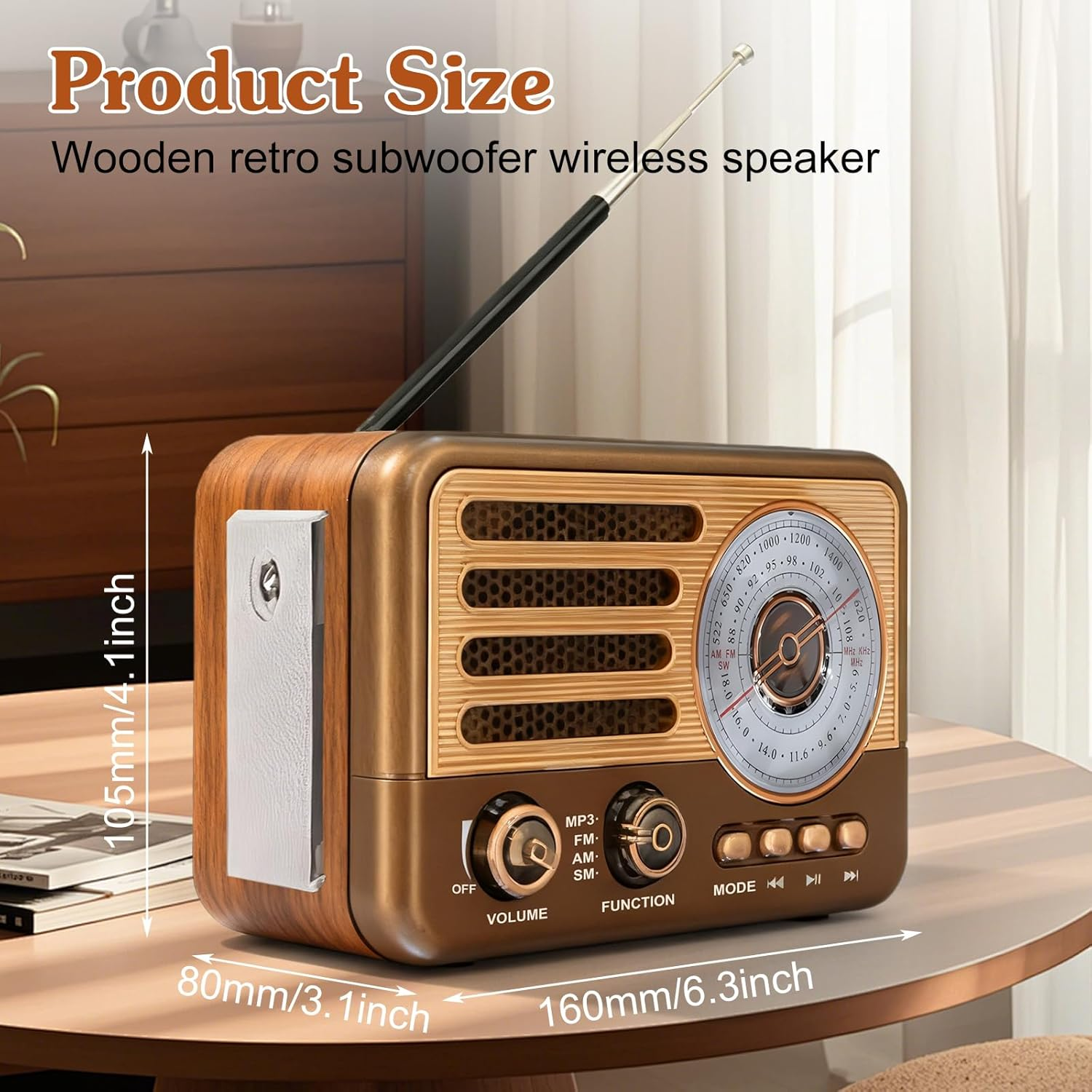 Ein hölzerner Retro-Funklautsprecher mit Radiowahlrad und Bedienelementen ist abgebildet. Maße 160x105x80mm.