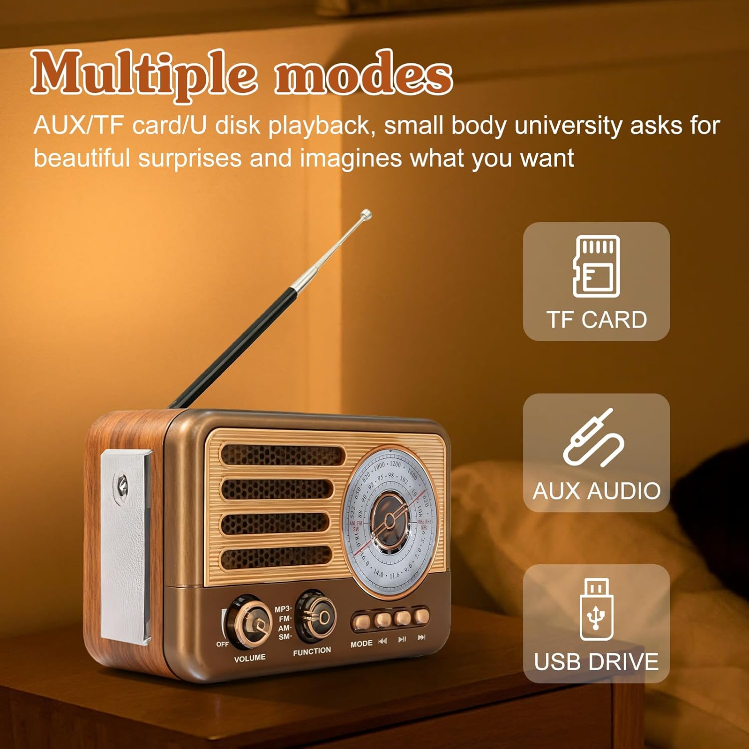 Retro-Radio mit TF-Karte, AUX und USB-Anschlüssen. Mehrere Wiedergabemodi.