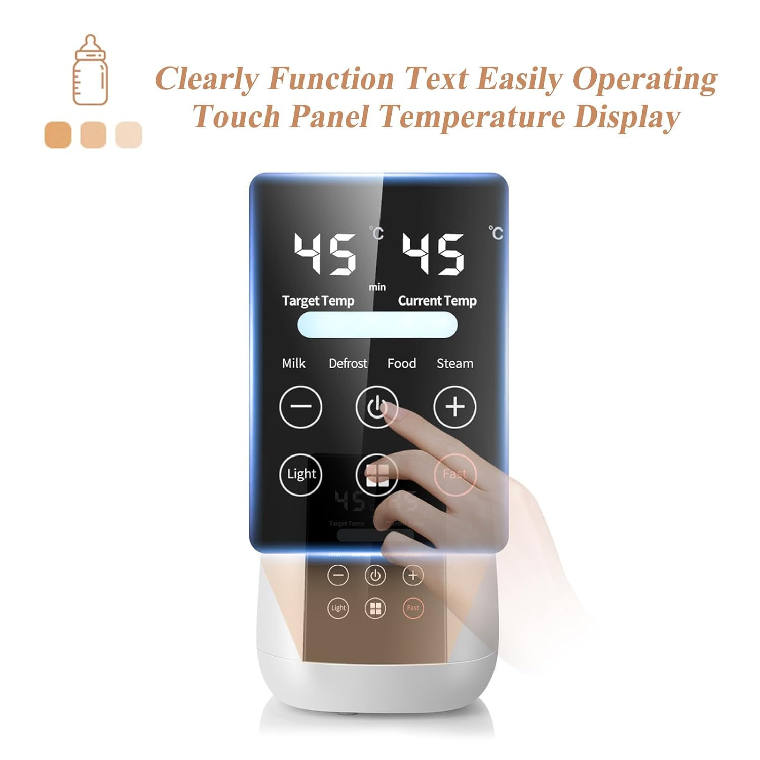 Ein Babyflaschenwärmer mit digitalem Touchscreen zeigt 45°C an. Ein Finger berührt den Bildschirm.
