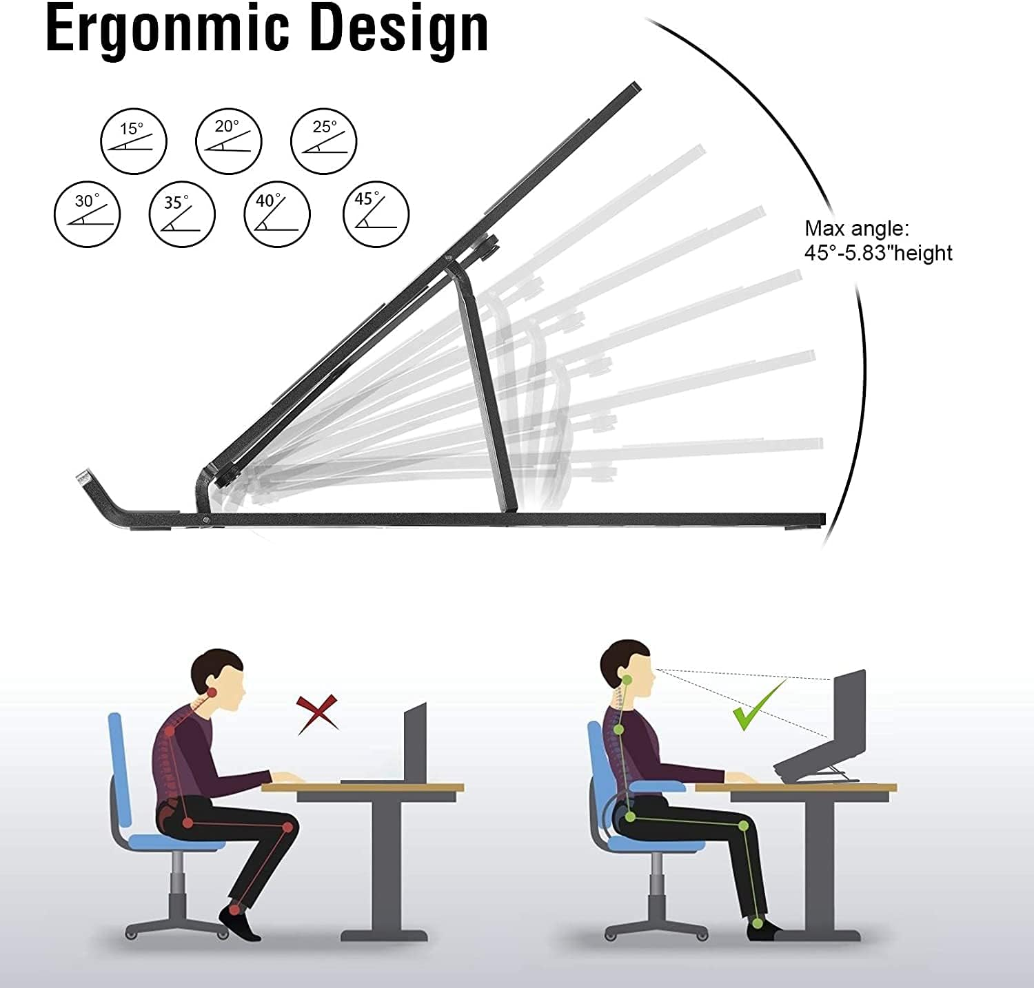 Ergonomisches Design: Laptopständer mit Winkeln von 15-45° und korrekter Sitzhaltung am Schreibtisch.