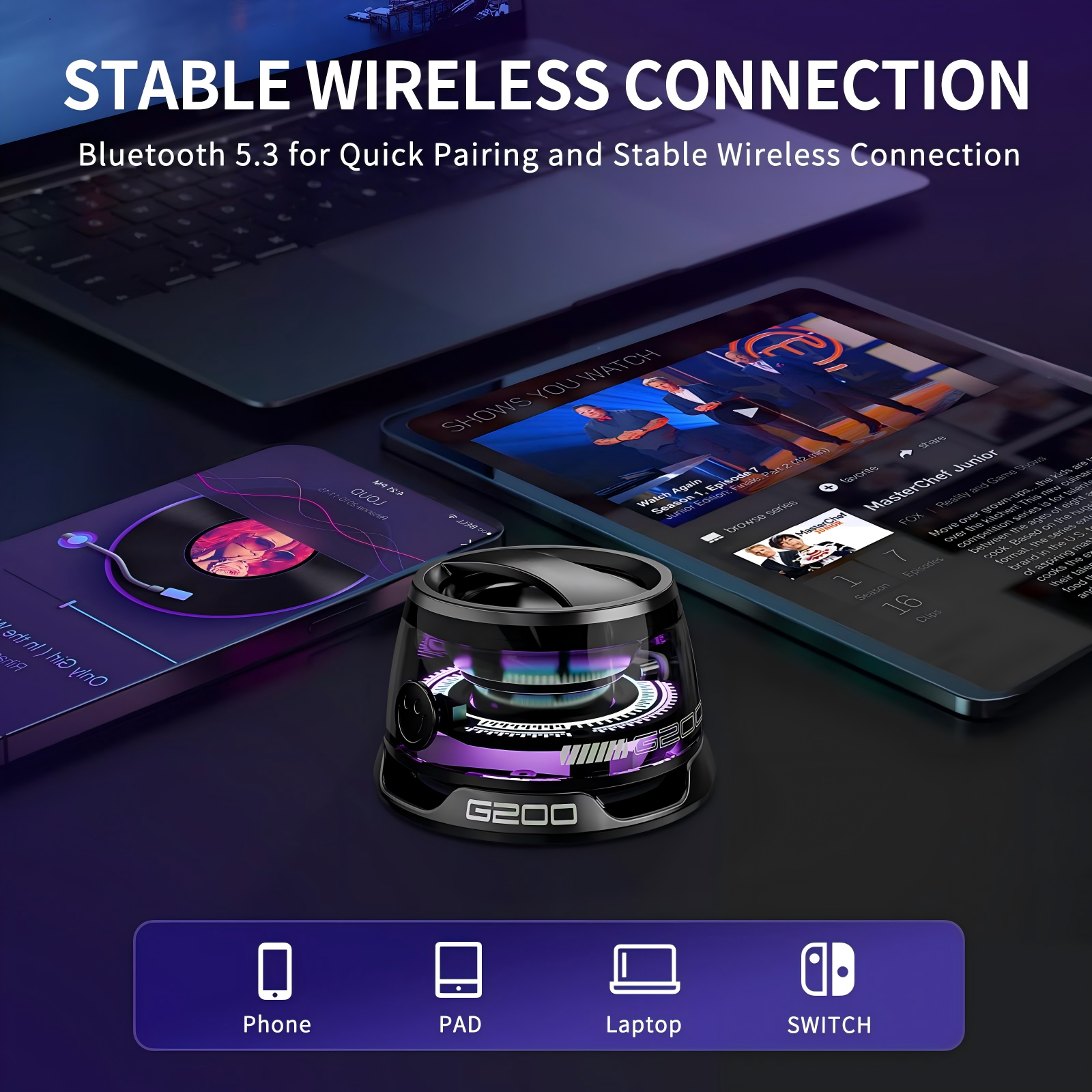 Ein kabelloser Lautsprecher neben einem Smartphone und Tablet mit TV-Shows.