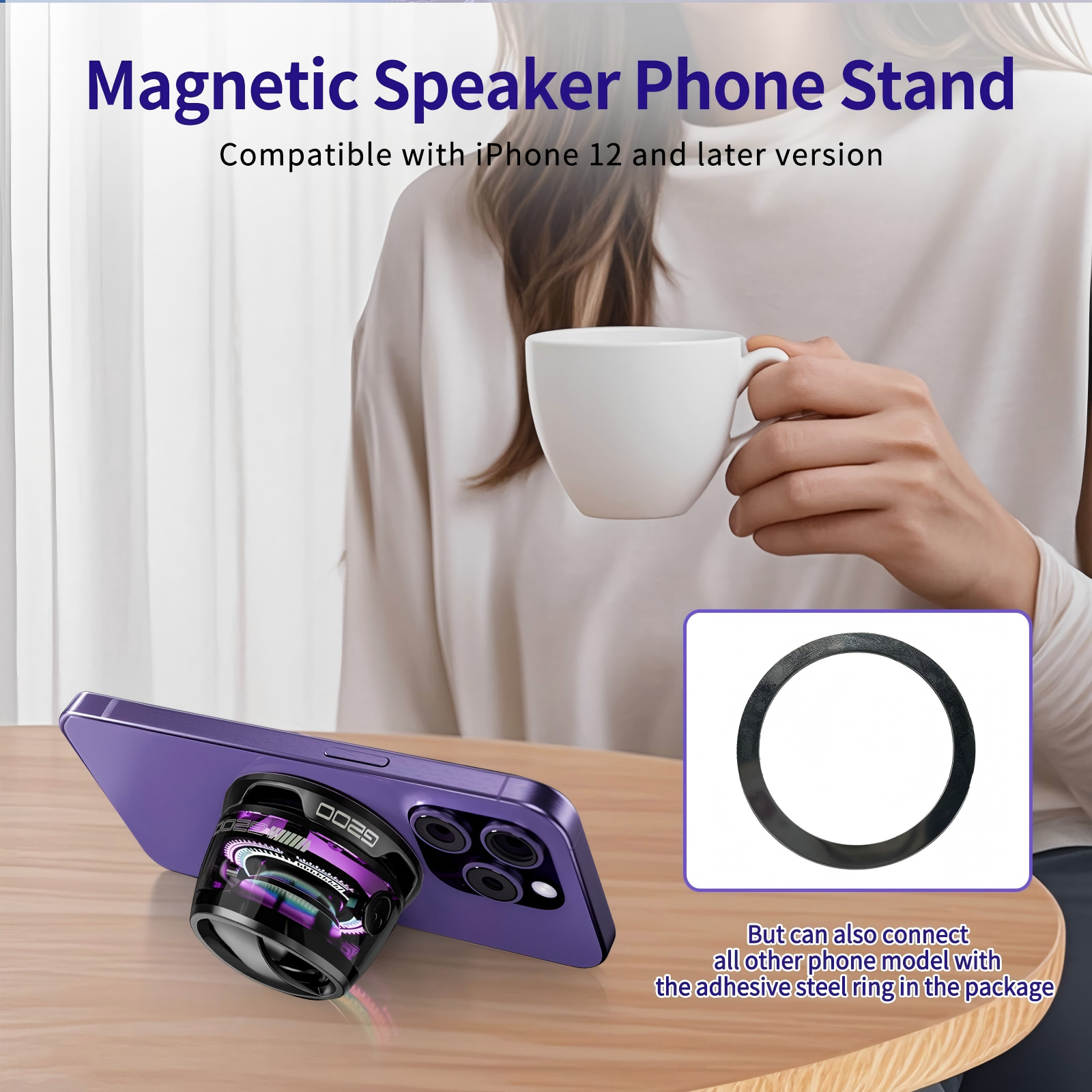 Ein violetter iPhone-Ständer mit Lautsprecher und ein Stahlring.