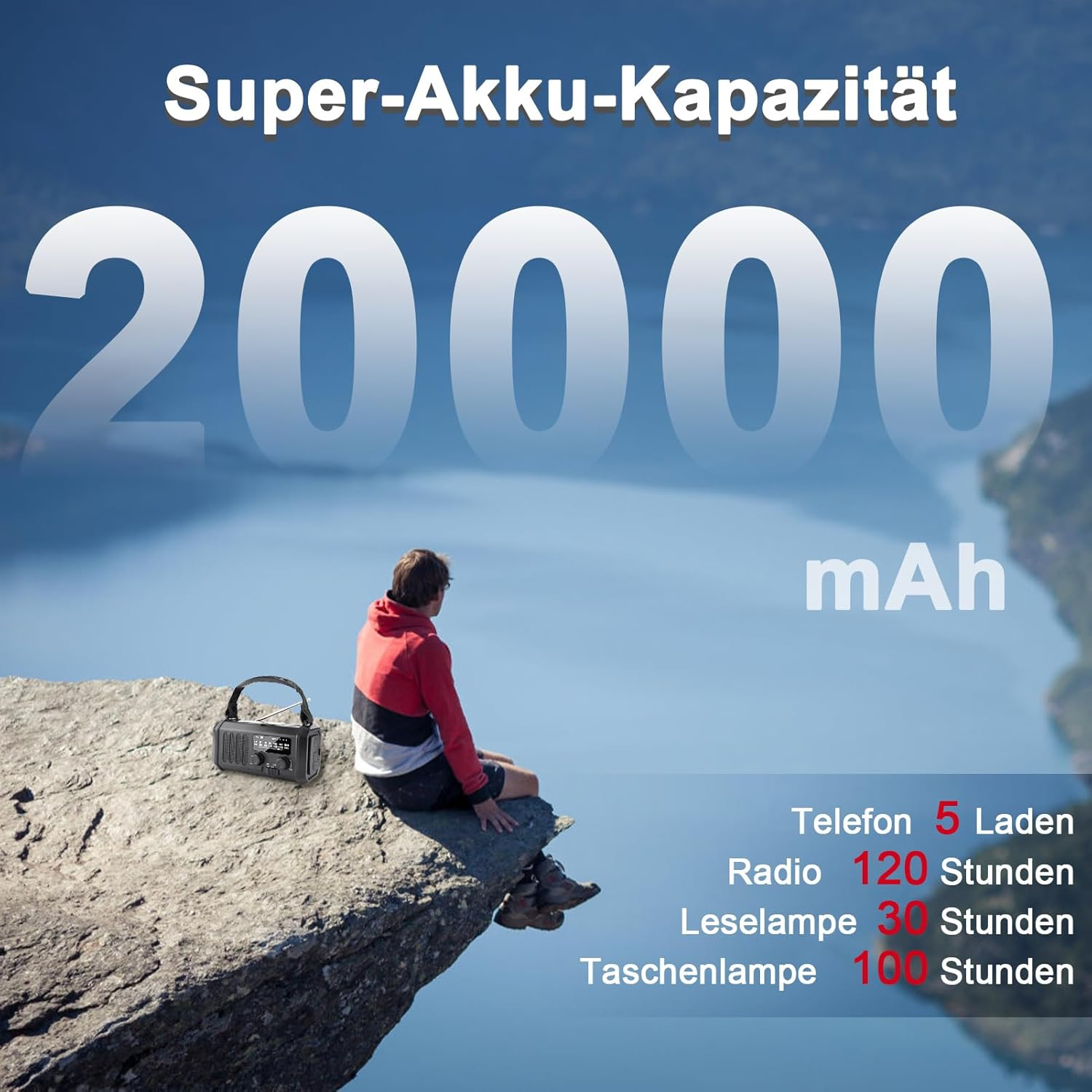 Mann sitzt auf Felsen, 20000 mAh Kapazität, Radio, Lampe, Telefon laden.