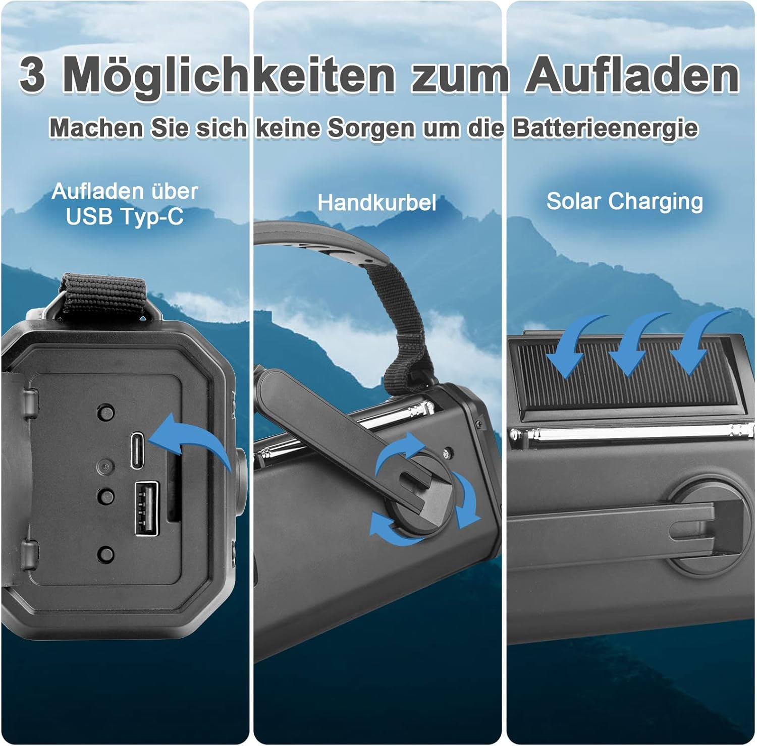 Ein schwarzes Gerät mit drei Ladeoptionen: USB-C, Handkurbel und Solar.