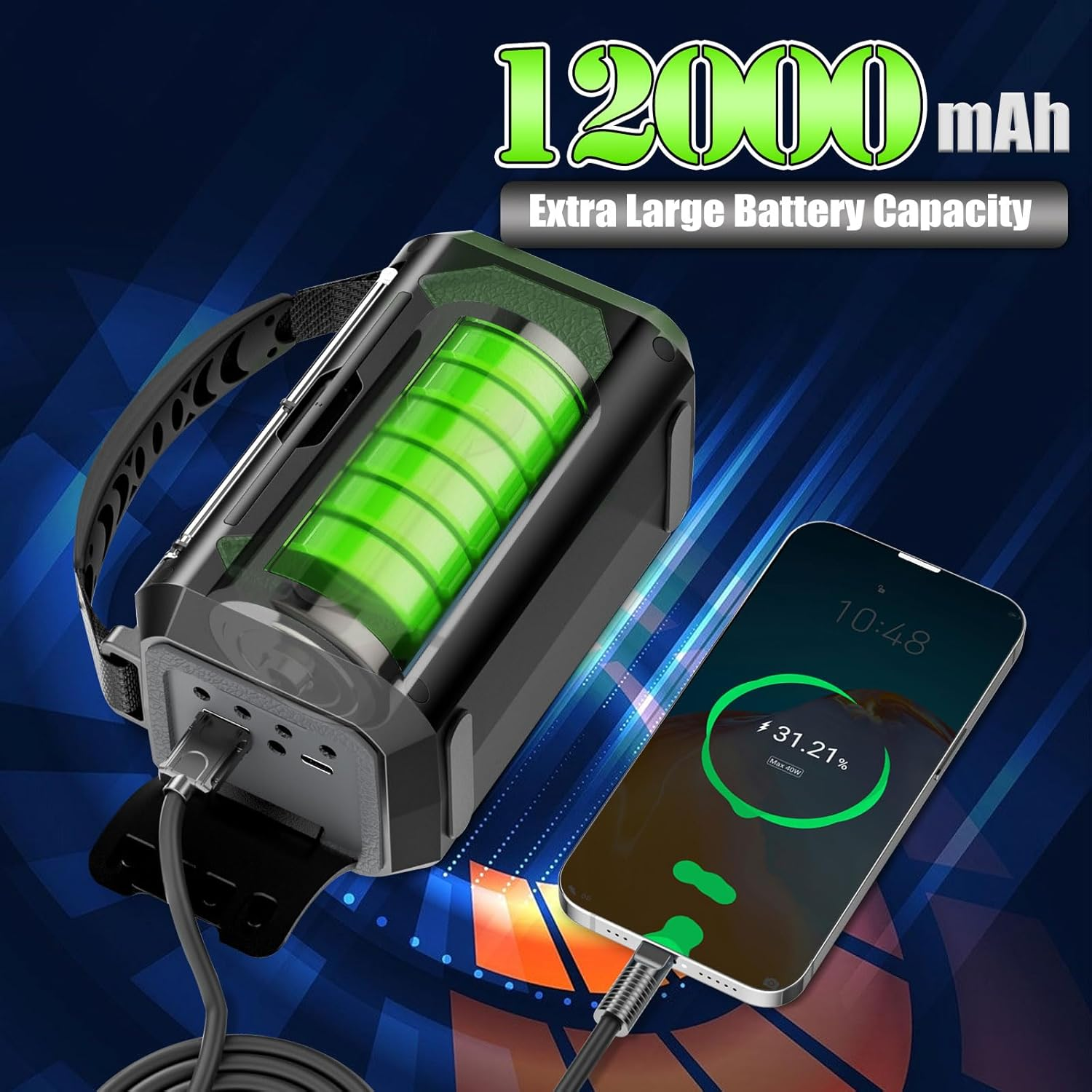 Powerbank mit sichtbarer grüner Batterie lädt ein Smartphone. 12000 mAh Kapazität.
