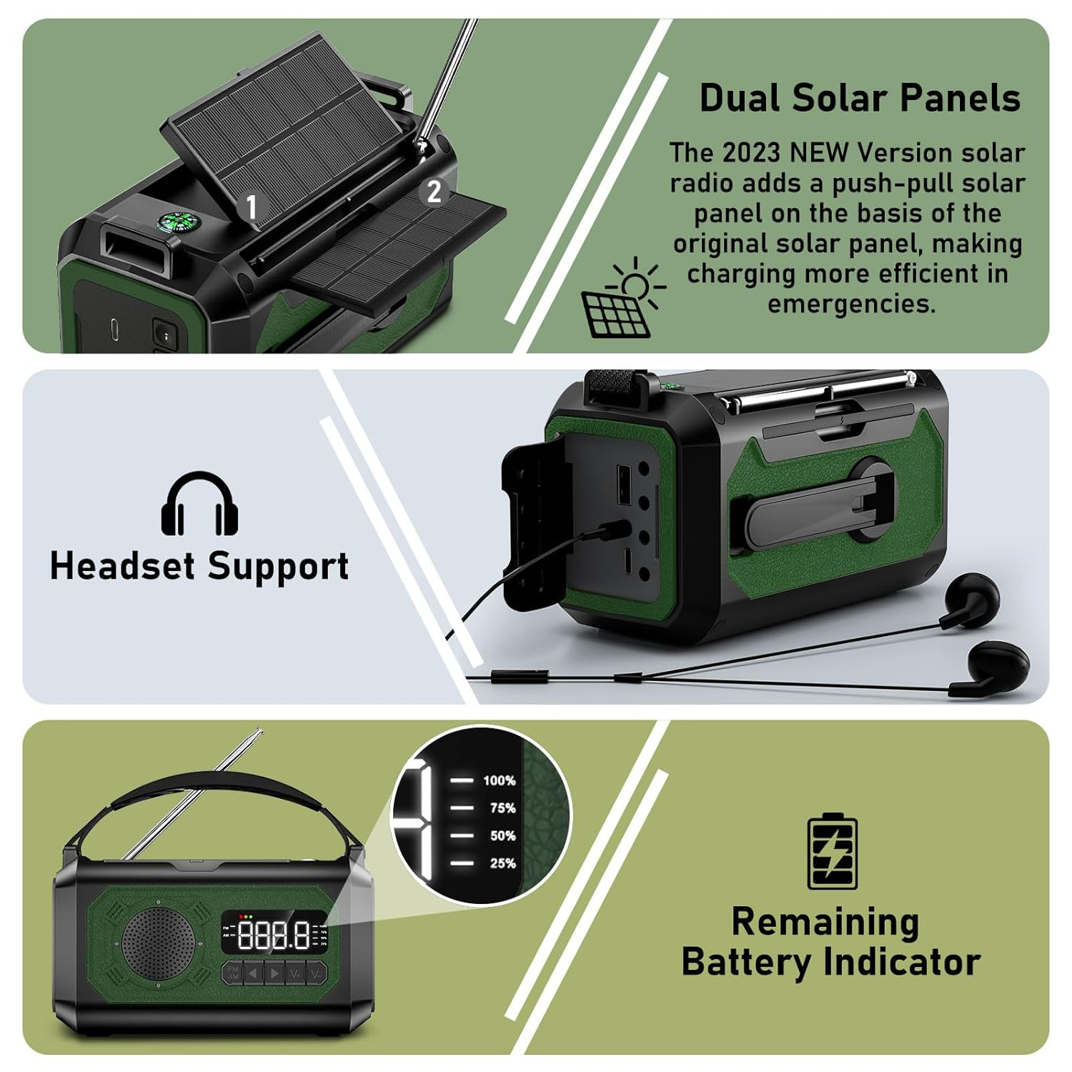 Tragbares Radio mit dualen Solarpanels, Kopfhöreranschluss und Batterieanzeige.