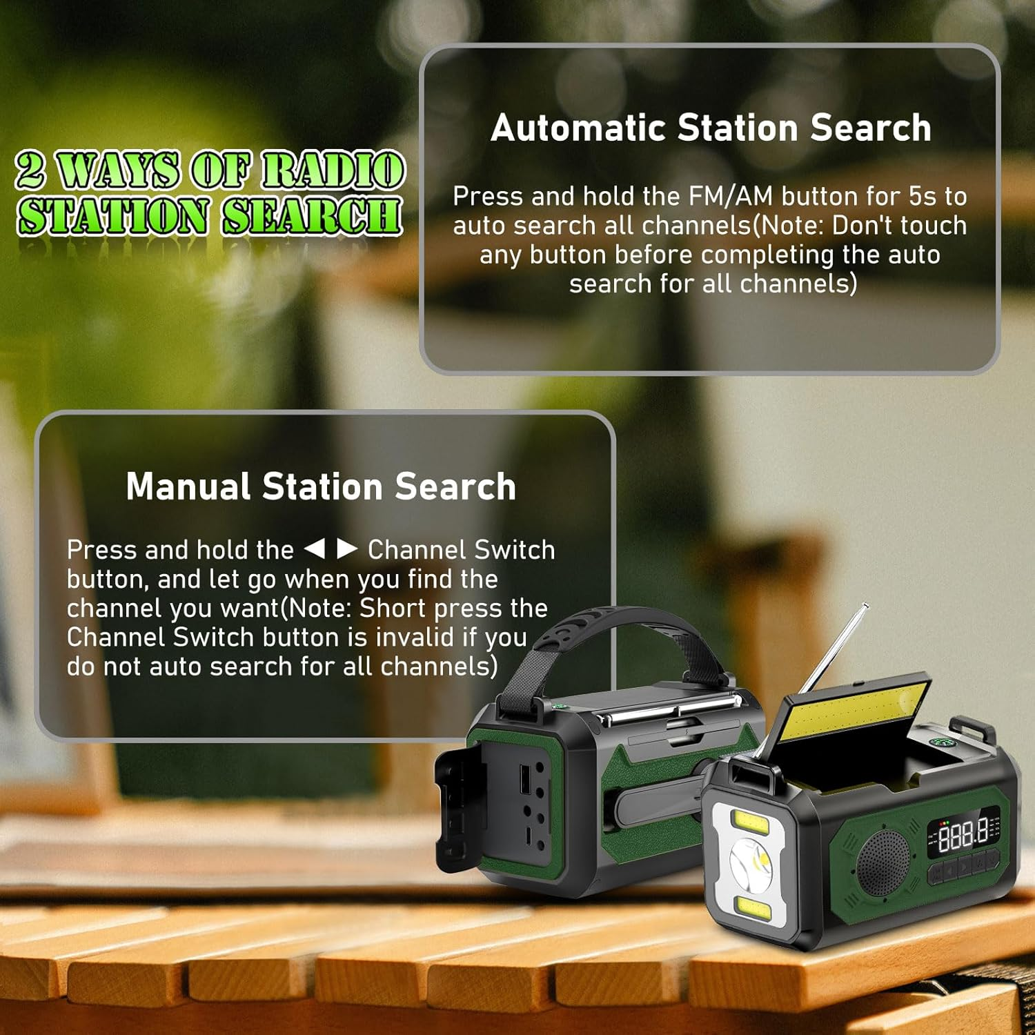 Zwei grüne und schwarze Radios sind abgebildet, eines offen mit Antenne, das Suchmethoden für Sender zeigt.